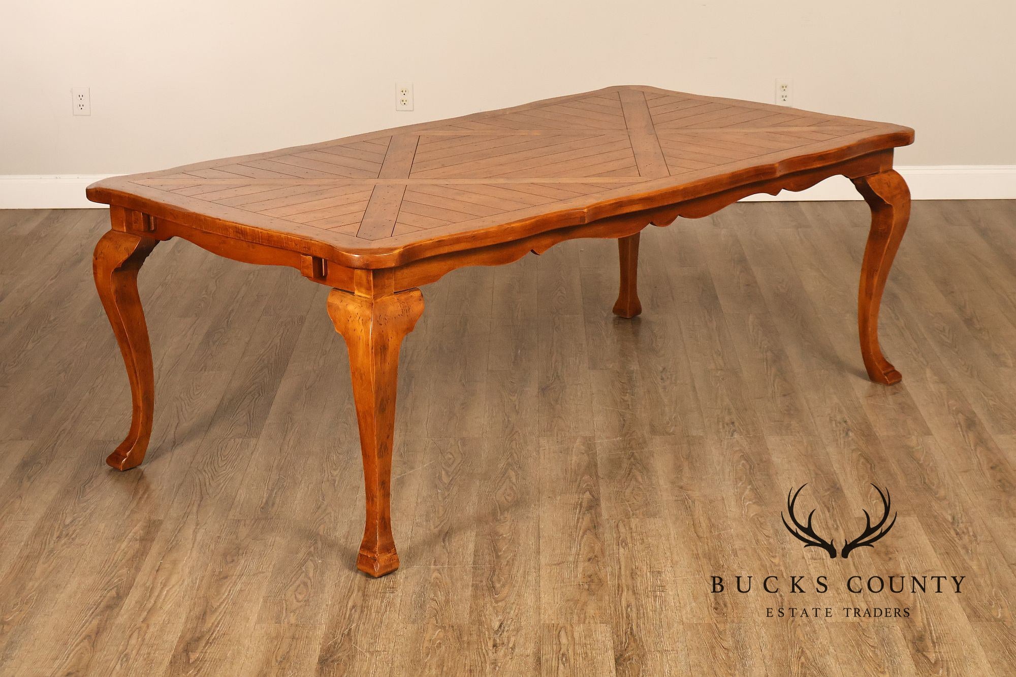 French Provincial Style Parquetry Top Dining Table with Scalloped Apron and Cabriole Legs