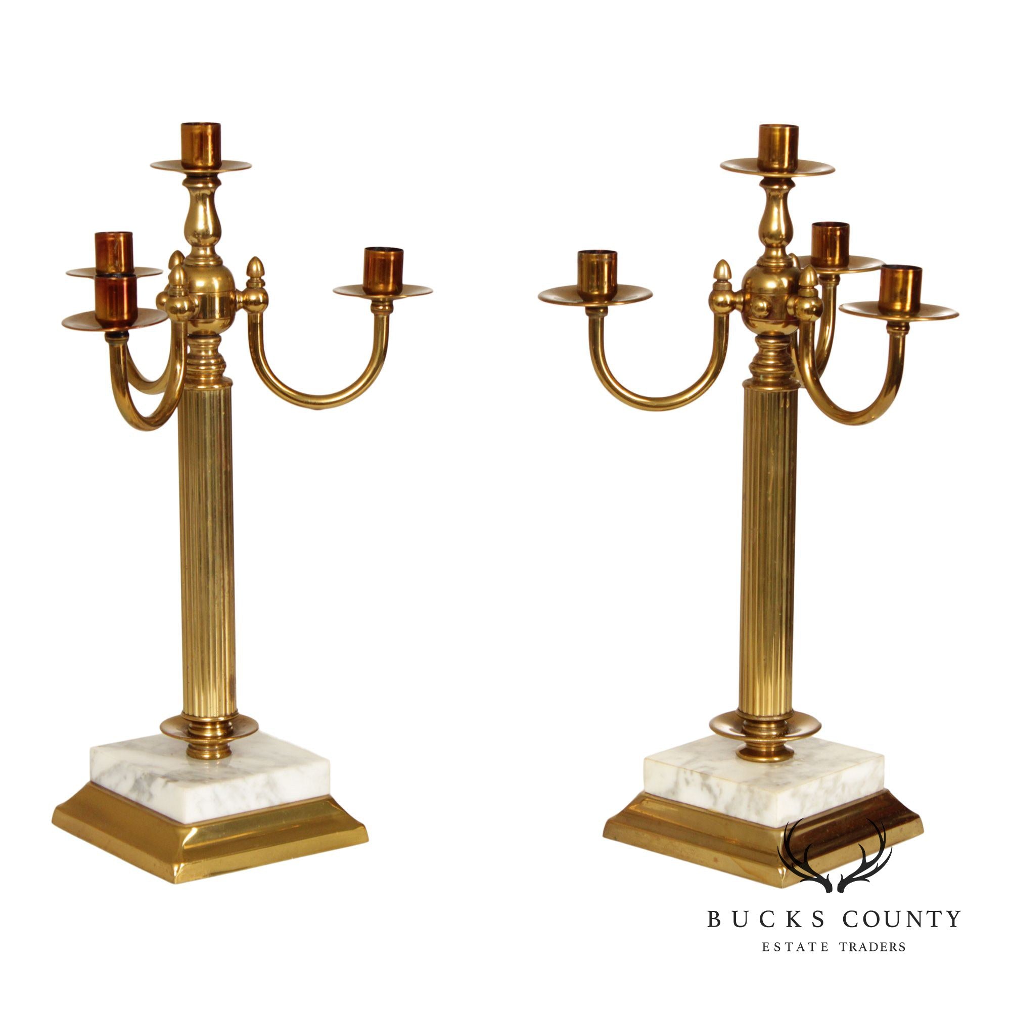 Classical Style Vintage Pair of Brass and Marble Candelabra