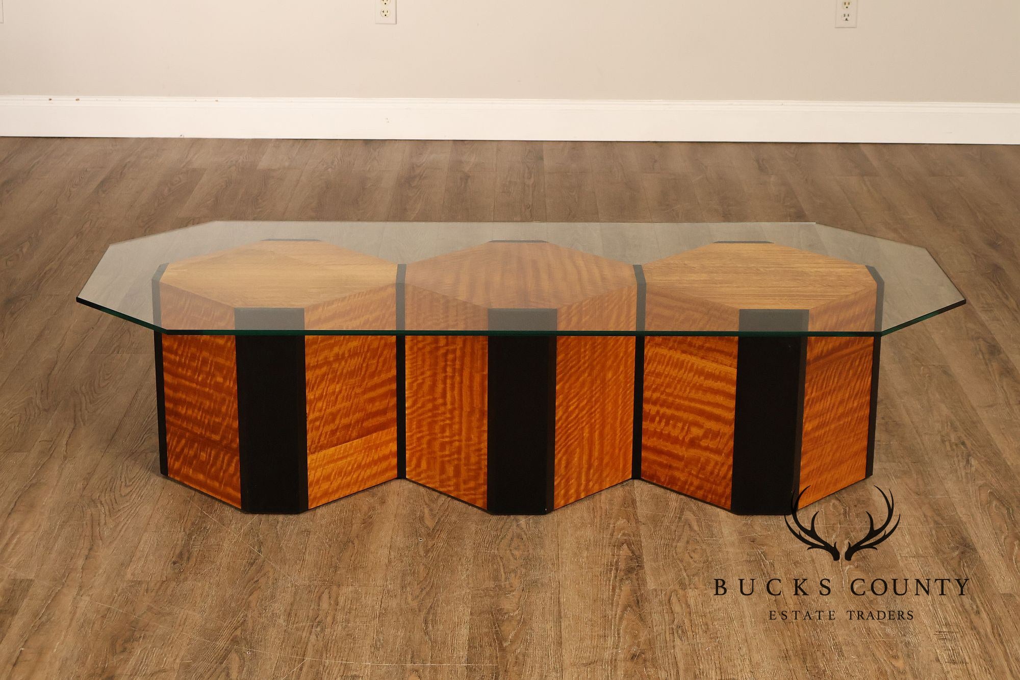 Honeycomb Style Glass Top Coffee Table With Figured Wood Base