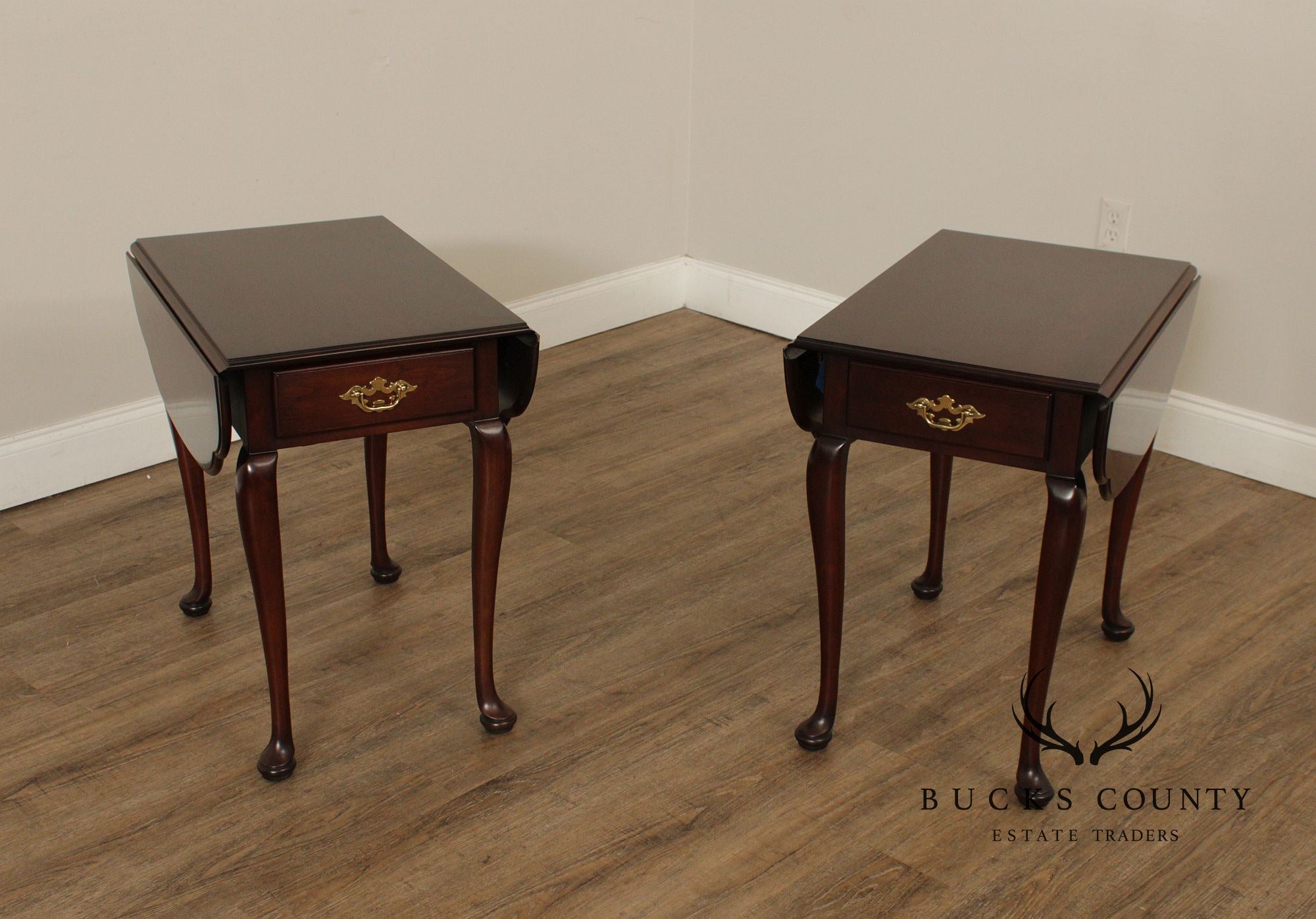 Statton Queen Anne Style Pair of Cherry Dropleaf Pembroke End Tables