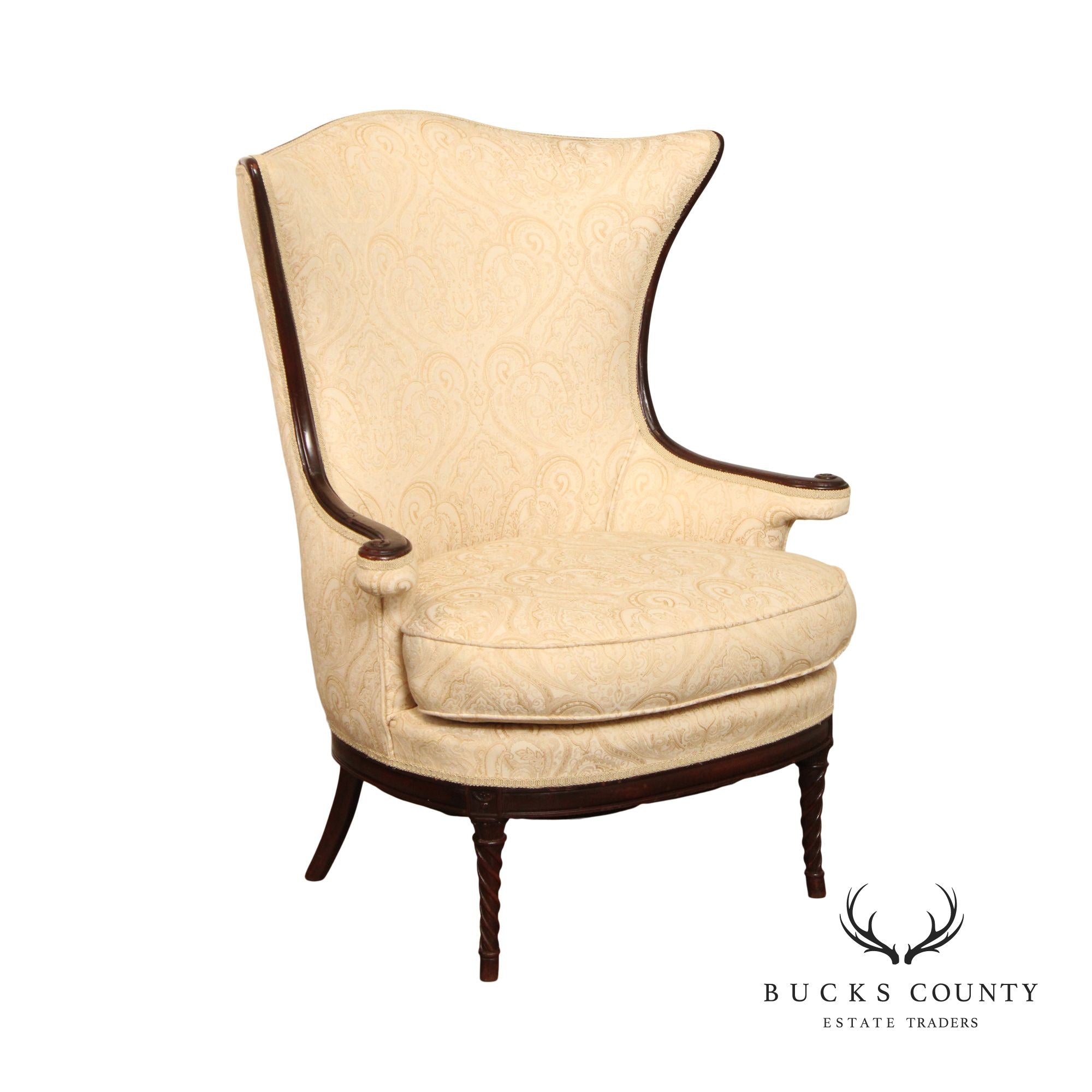 1940's Regency Style Mahogany Frame Damask Wing Chair