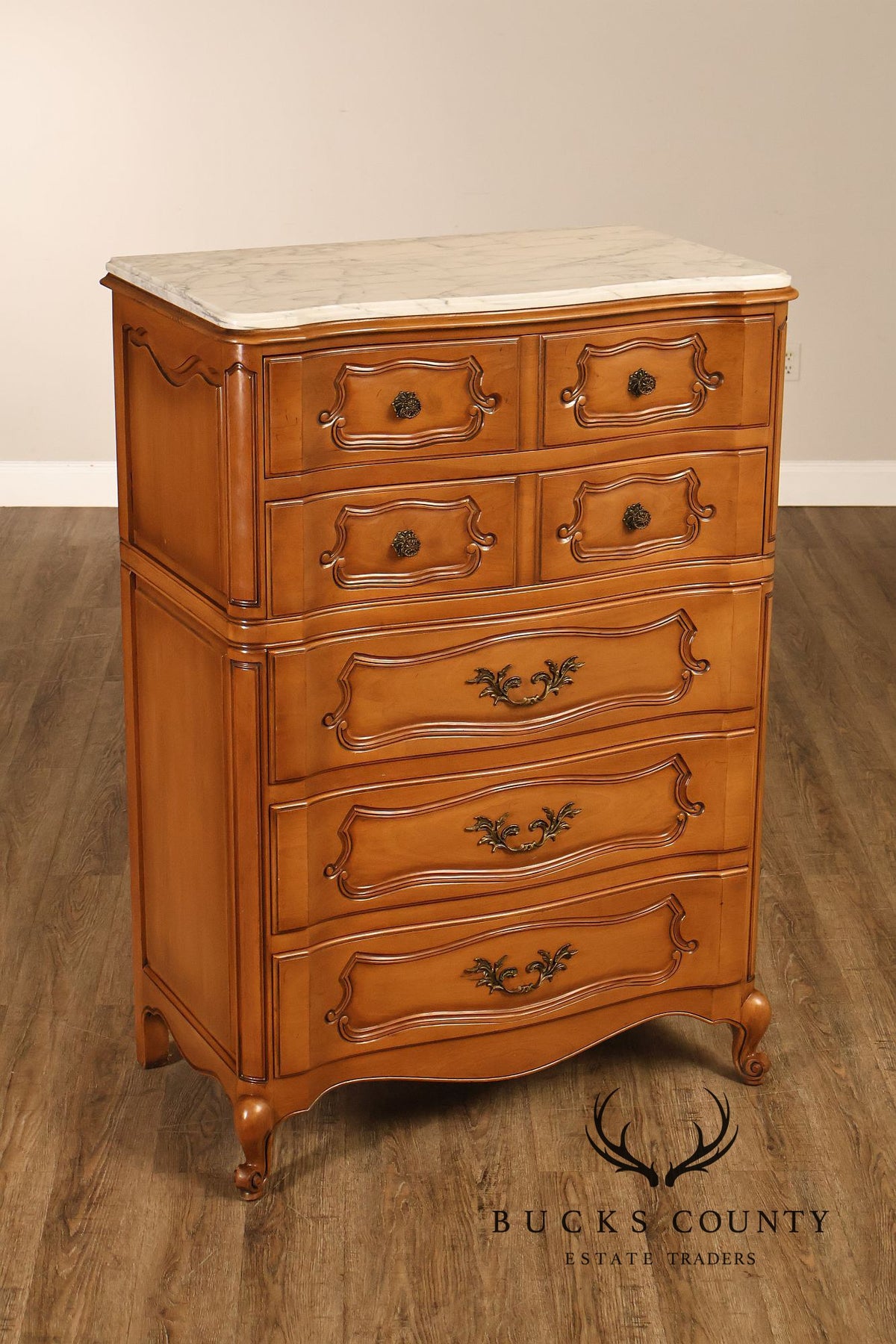 French Provincial Style Marble Top Tall Chest Of Drawers