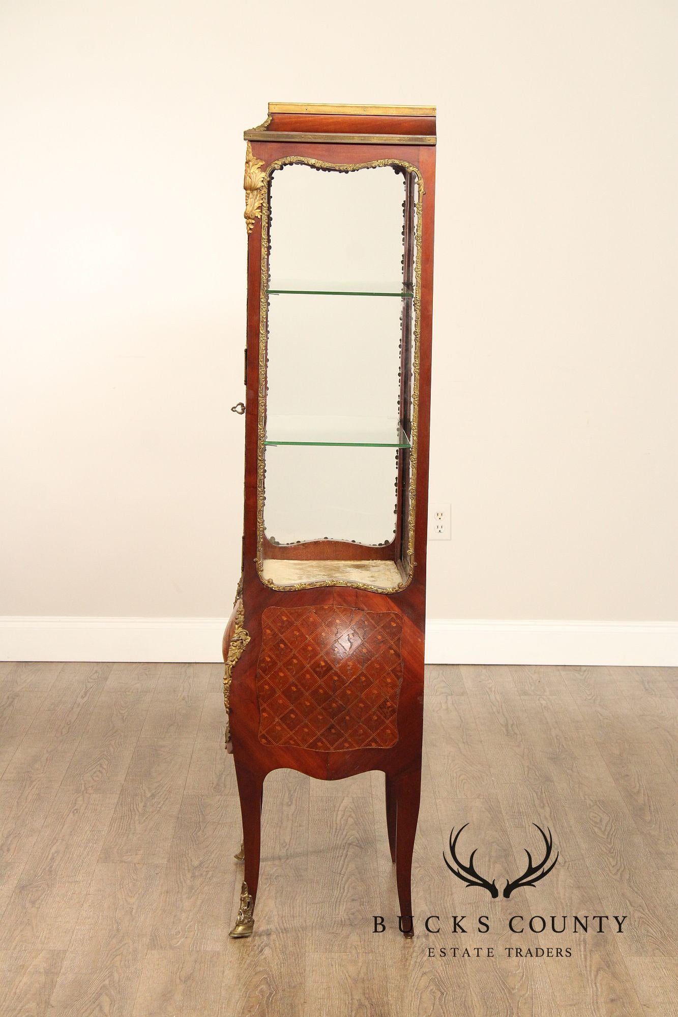 French Louis XV Style Inlaid and Bronze Ormolu Vitrine Cabinet