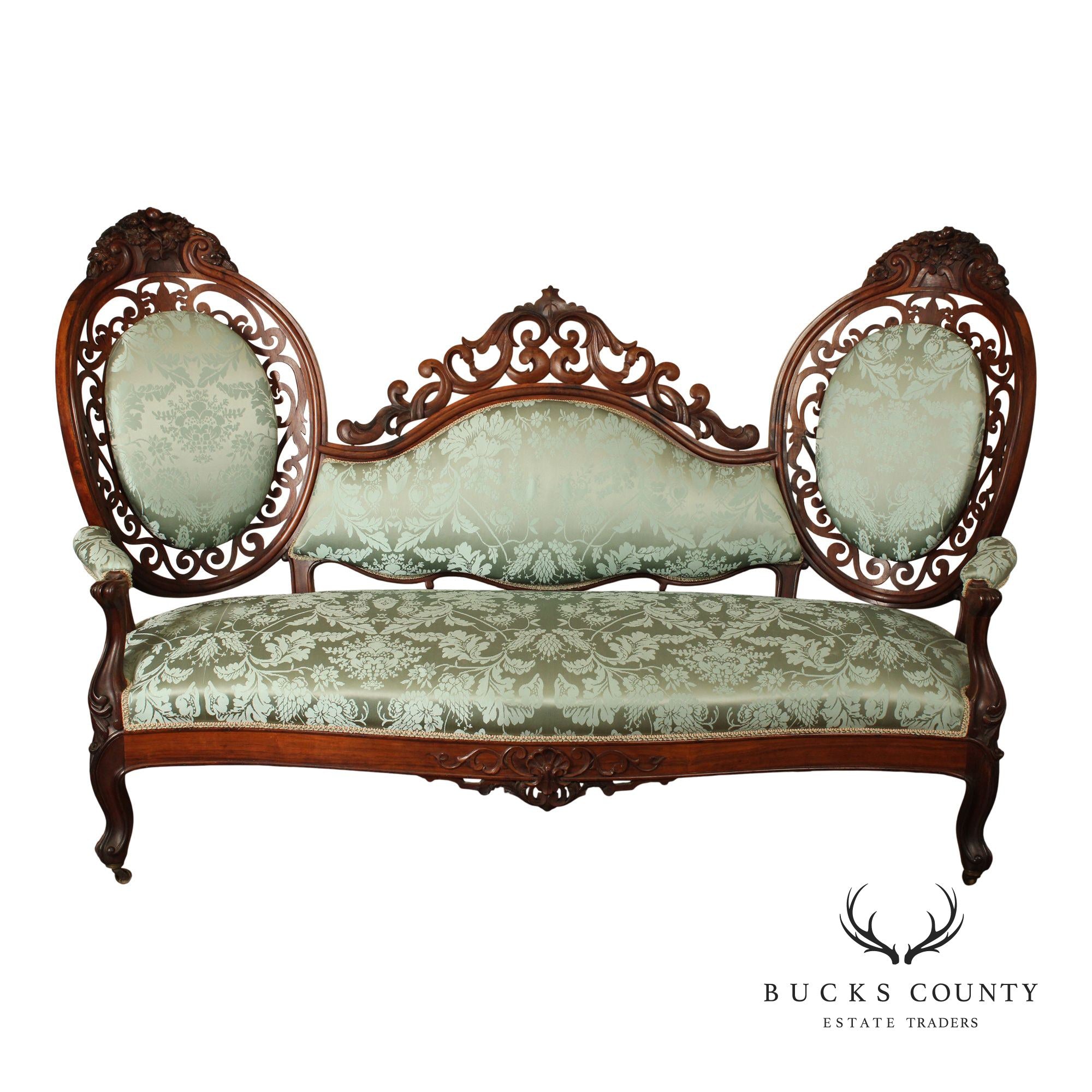 Antique Victorian Rococo Revival Rosewood Carved Sofa