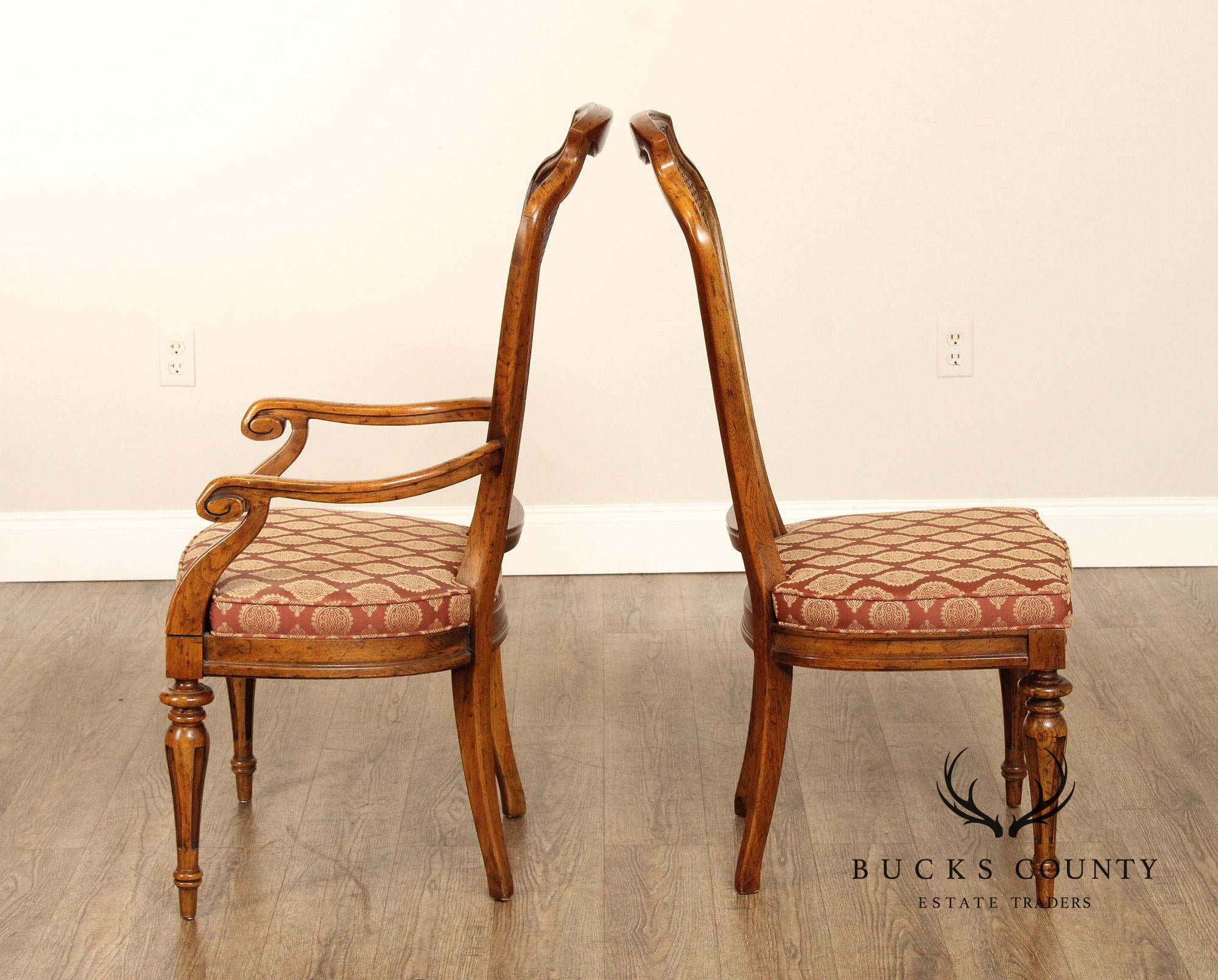 Italian Provincial Style Set of Eight Walnut Cane Back Dining Chairs