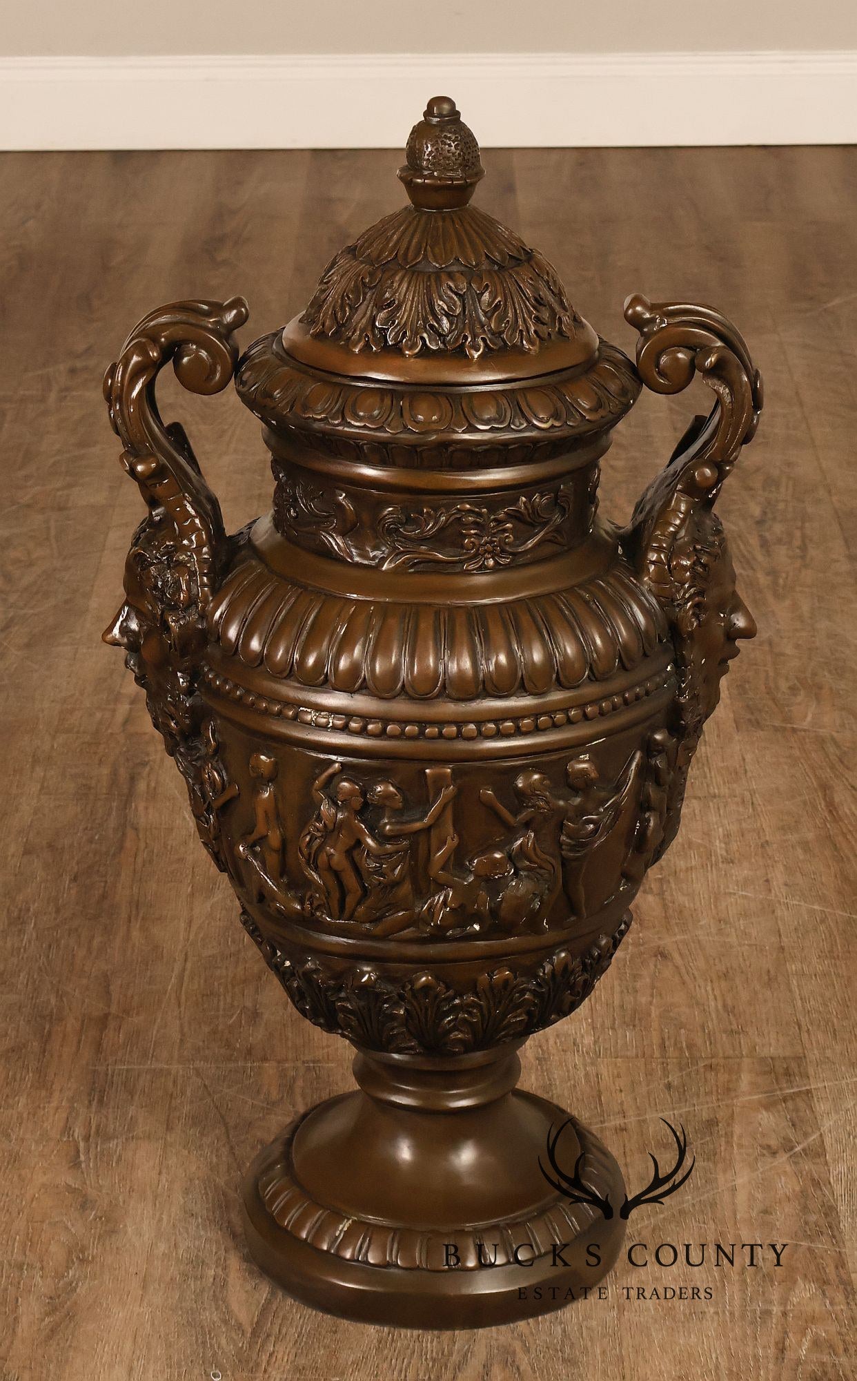 Neoclassical Style Large Pair Of Cast Bronze Covered Urns With Figural Relief