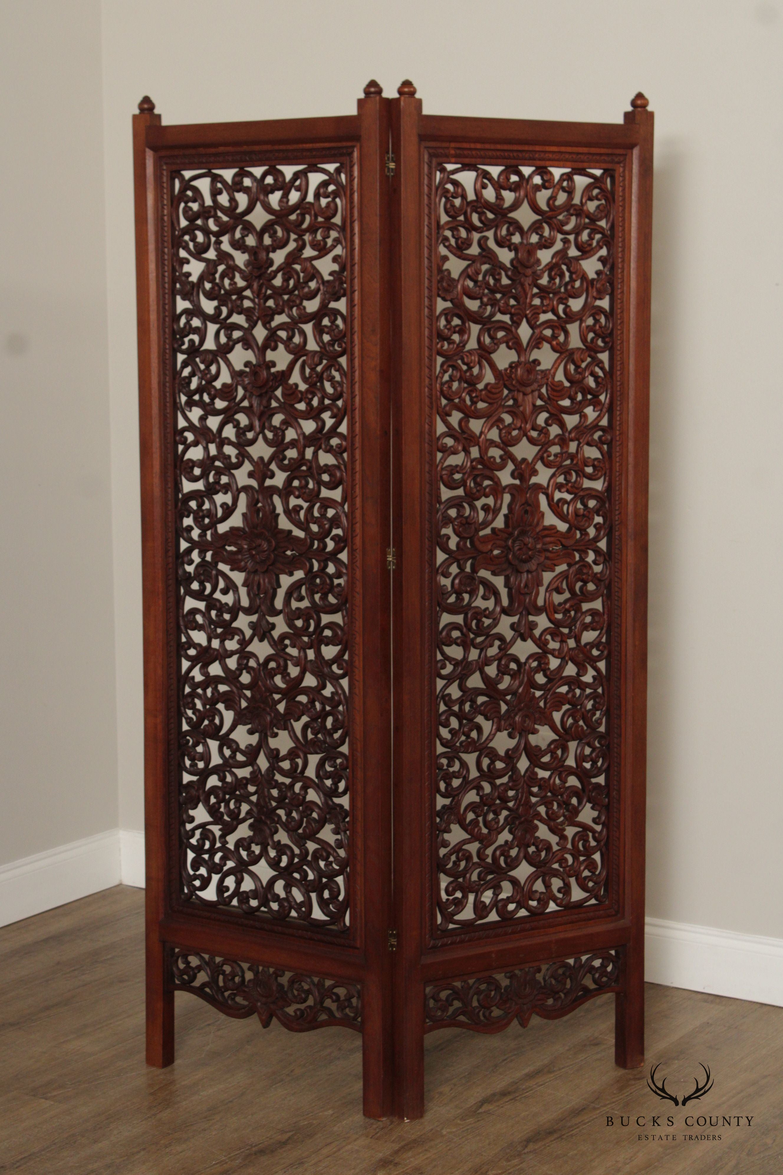 Ornate Carved Mahogany Folding Two-Panel Dressing Screen