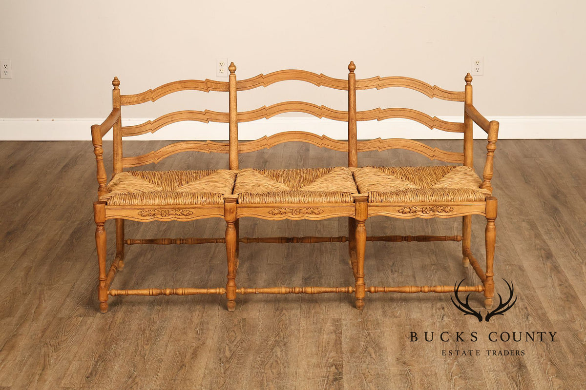 French Provincial Style Carved Wood Rush Seat Settee