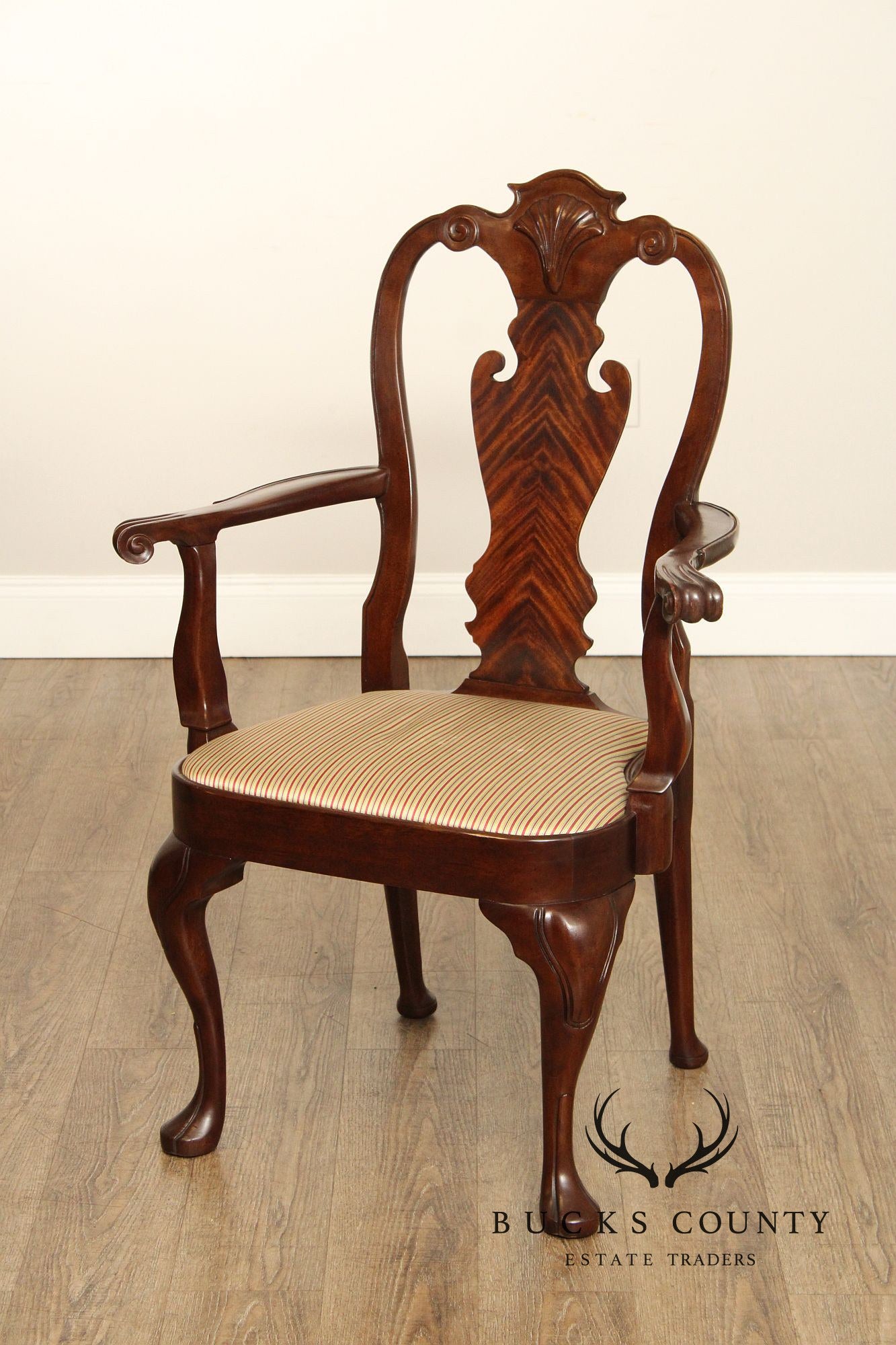 Queen Anne Style Pair of Carved Mahogany Armchairs