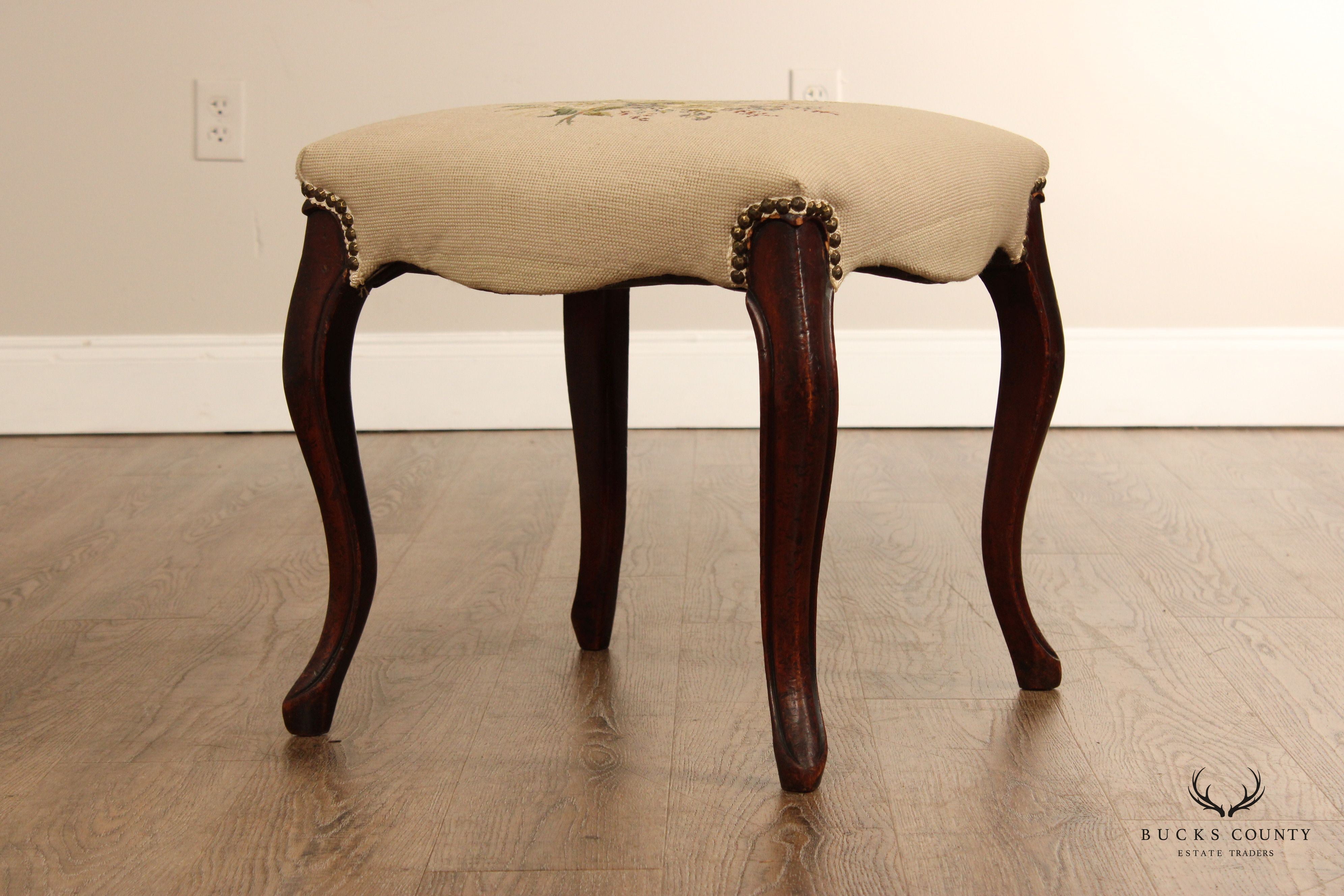 French Louis XV Style Needlepoint Foot Stool Ottoman