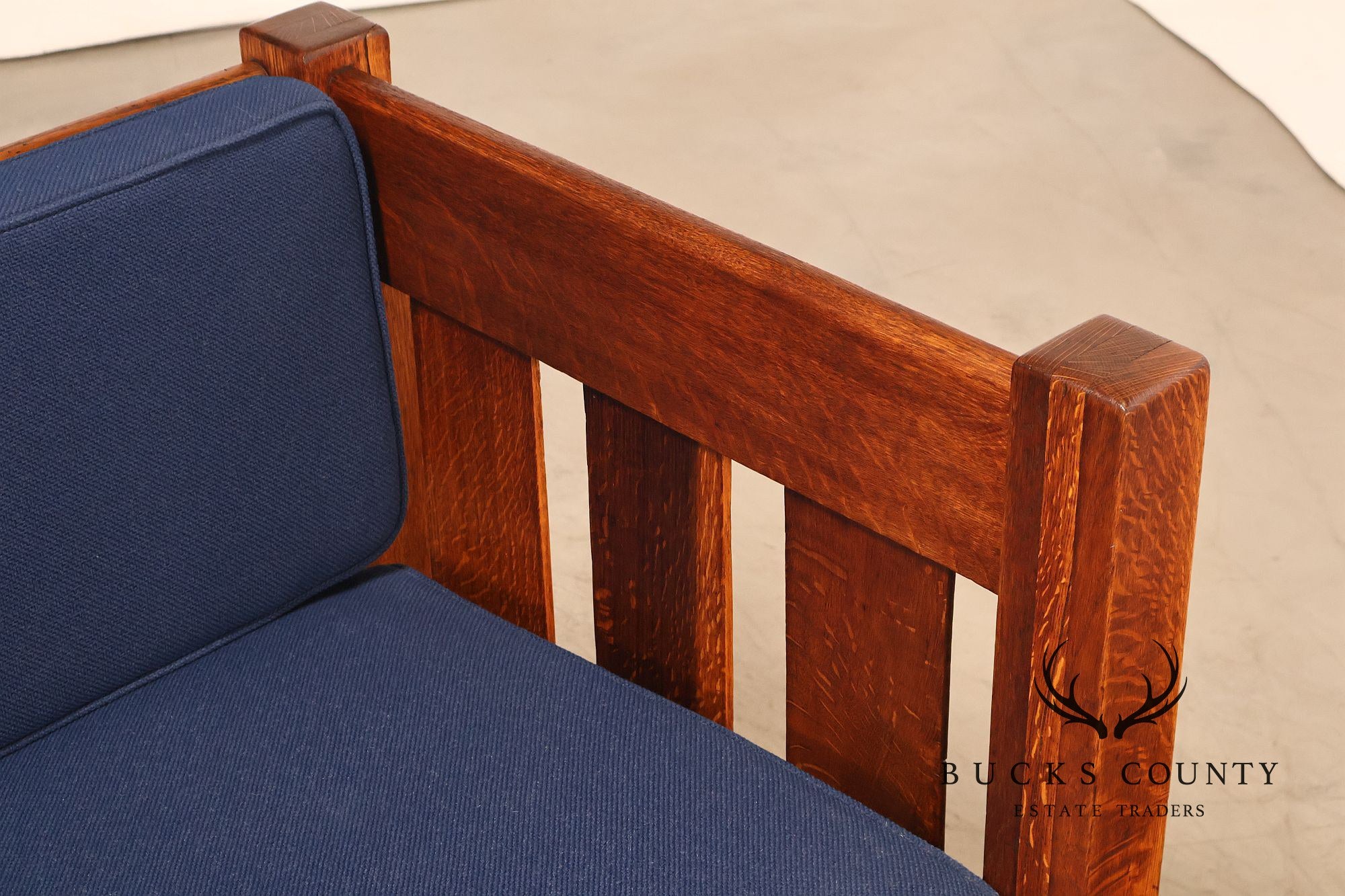 Phoenix Mission Style Quarter Sawn Oak Plank Sofa With Blue Cushions