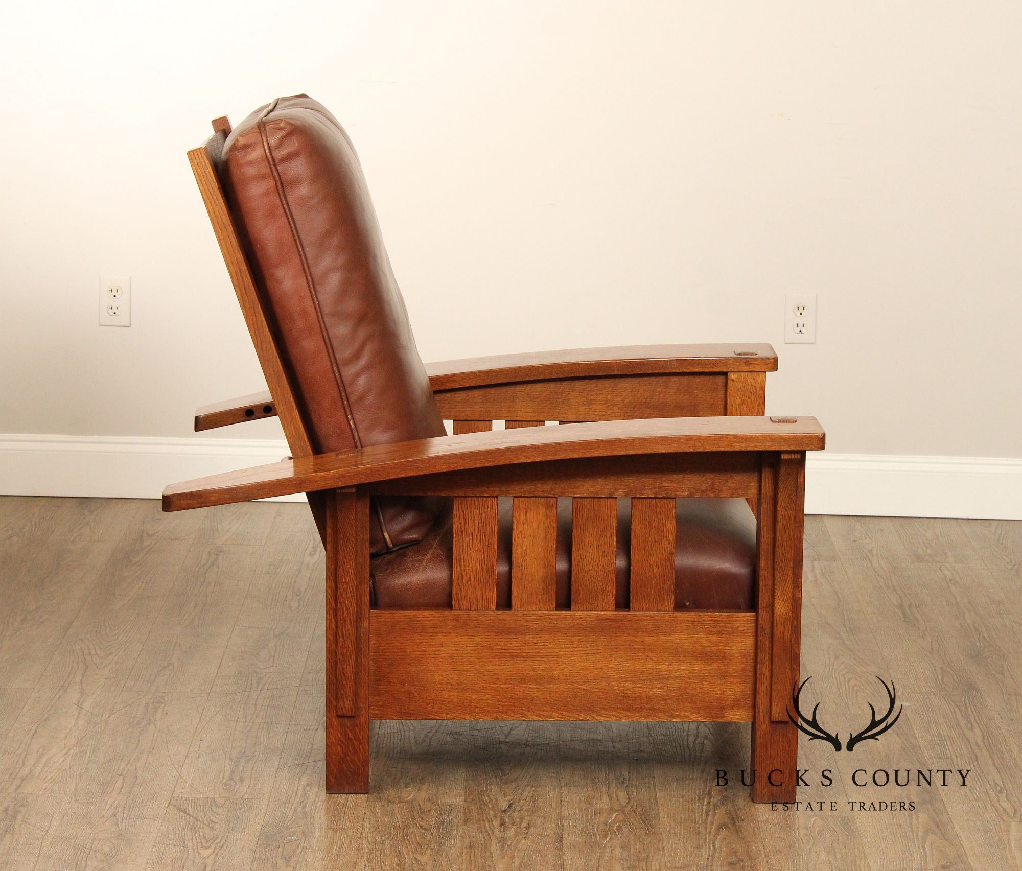 Stickley Mission Collection Oak and Leather Bow Arm Morris Chair