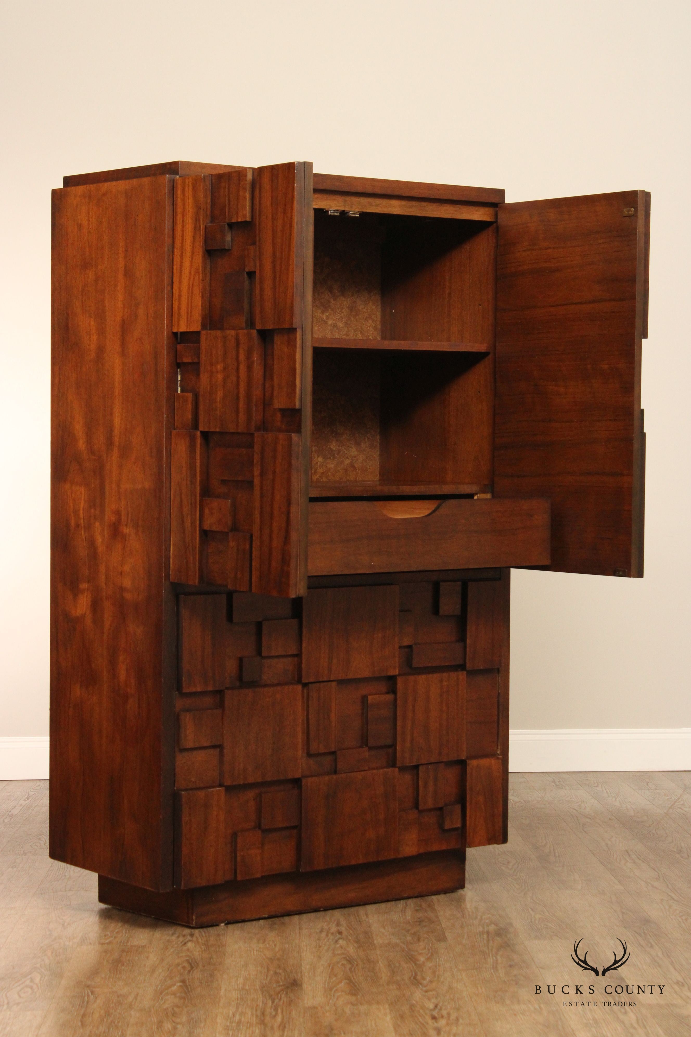 Lane 'Staccato' Mid Century ModernBrutalist Walnut Armoire