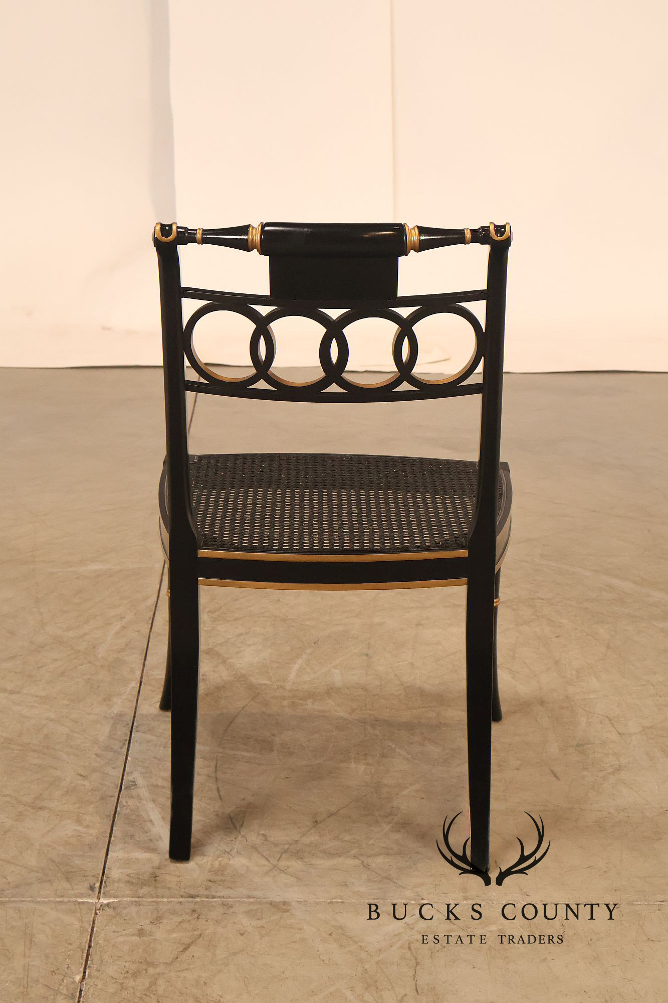 Baker Regency Style Pair of Ebonized and Partial Gilt Side Chairs