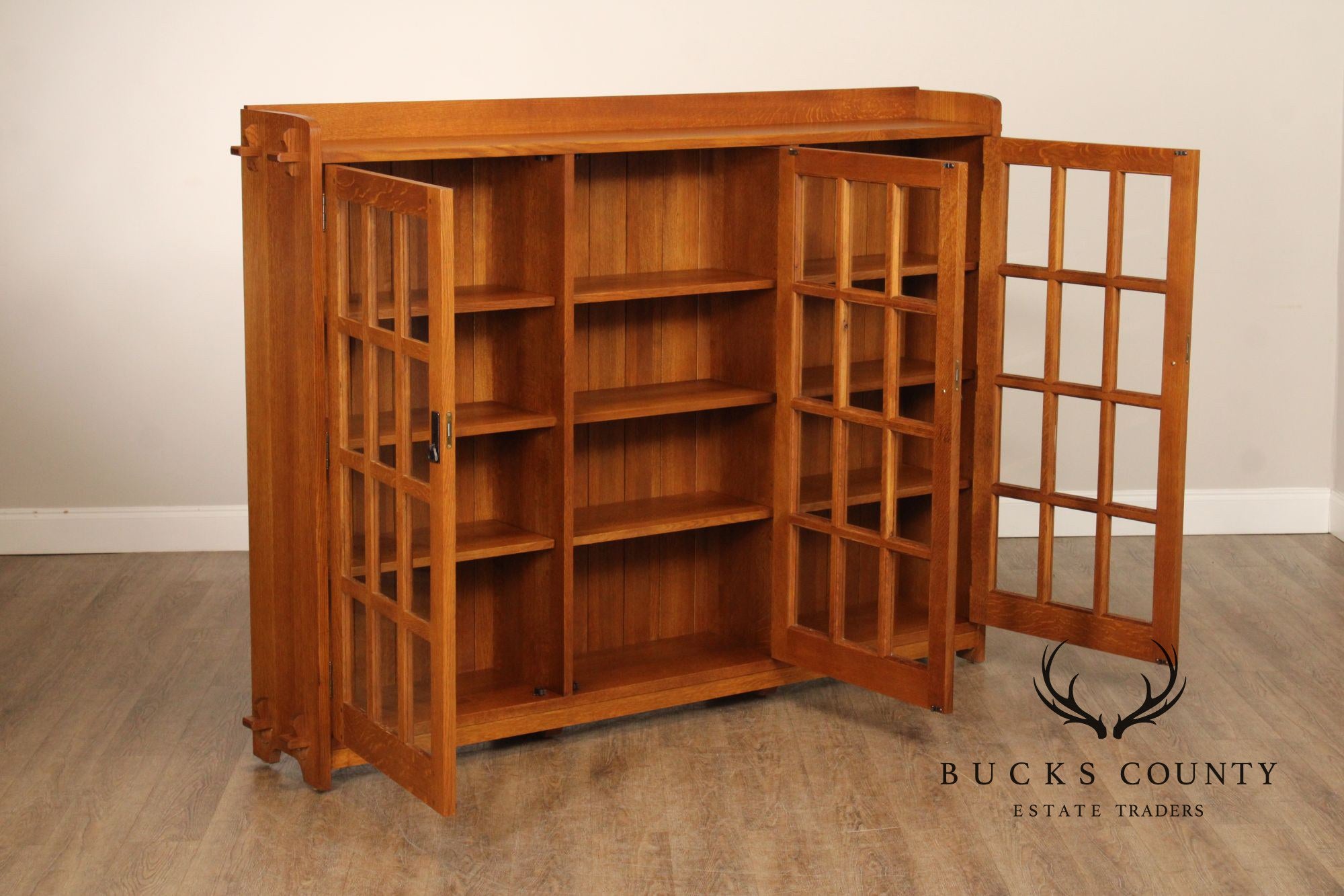 Stickley Mission Collection Oak Triple Bookcase With Glass Doors