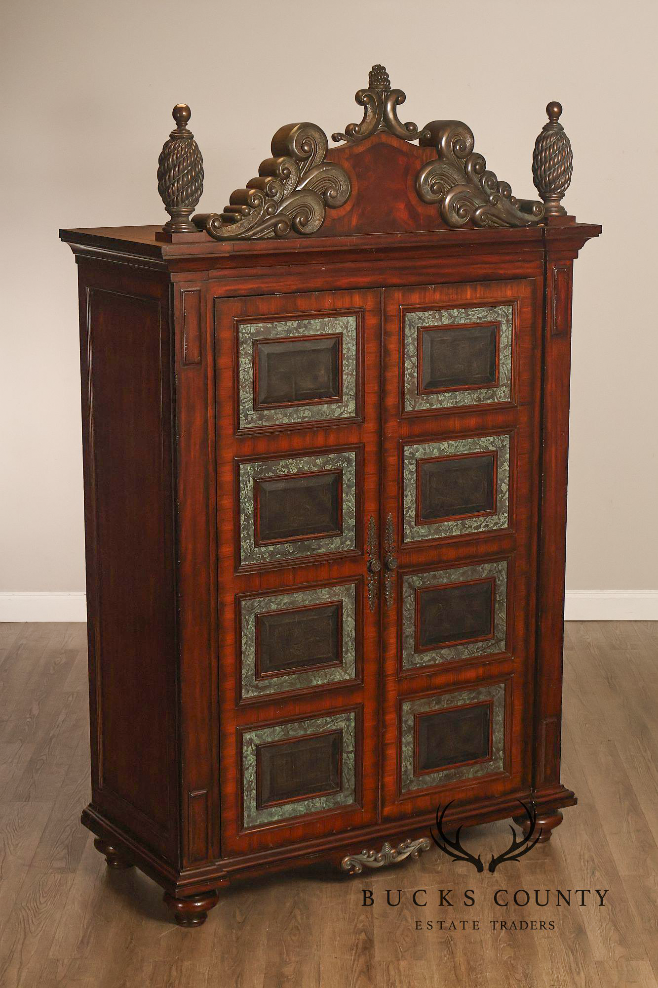 Maitland-Smith Large Mahogany Armoire Cabinet With Bronze Scrollwork Finials And Raised Panel Doors