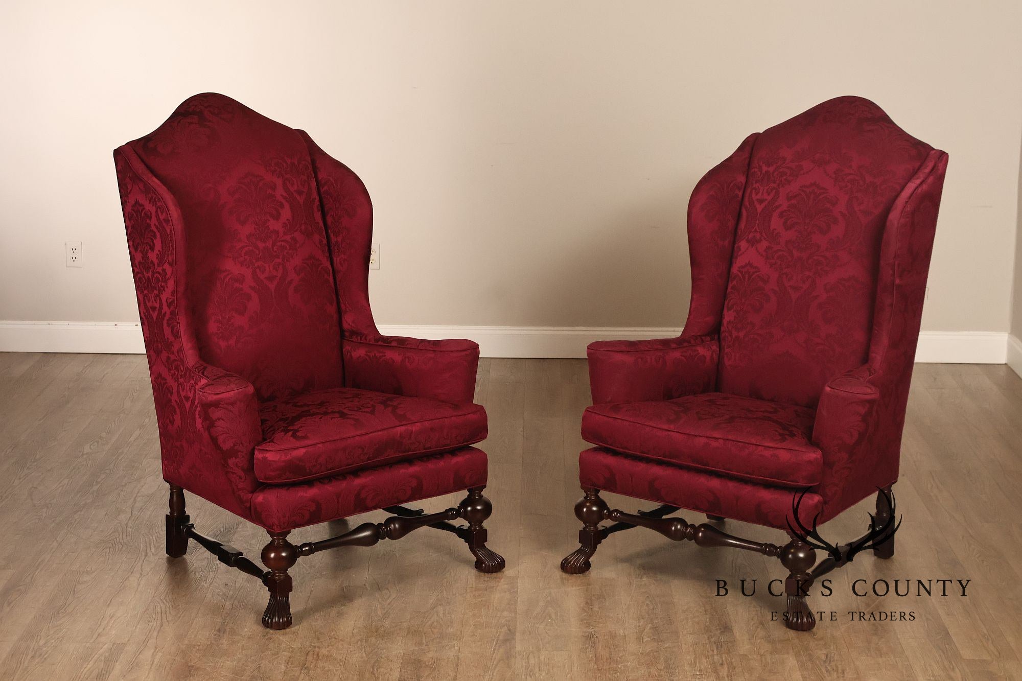 Baker Stately Homes Collection Pair of Carved Wingback Armchairs