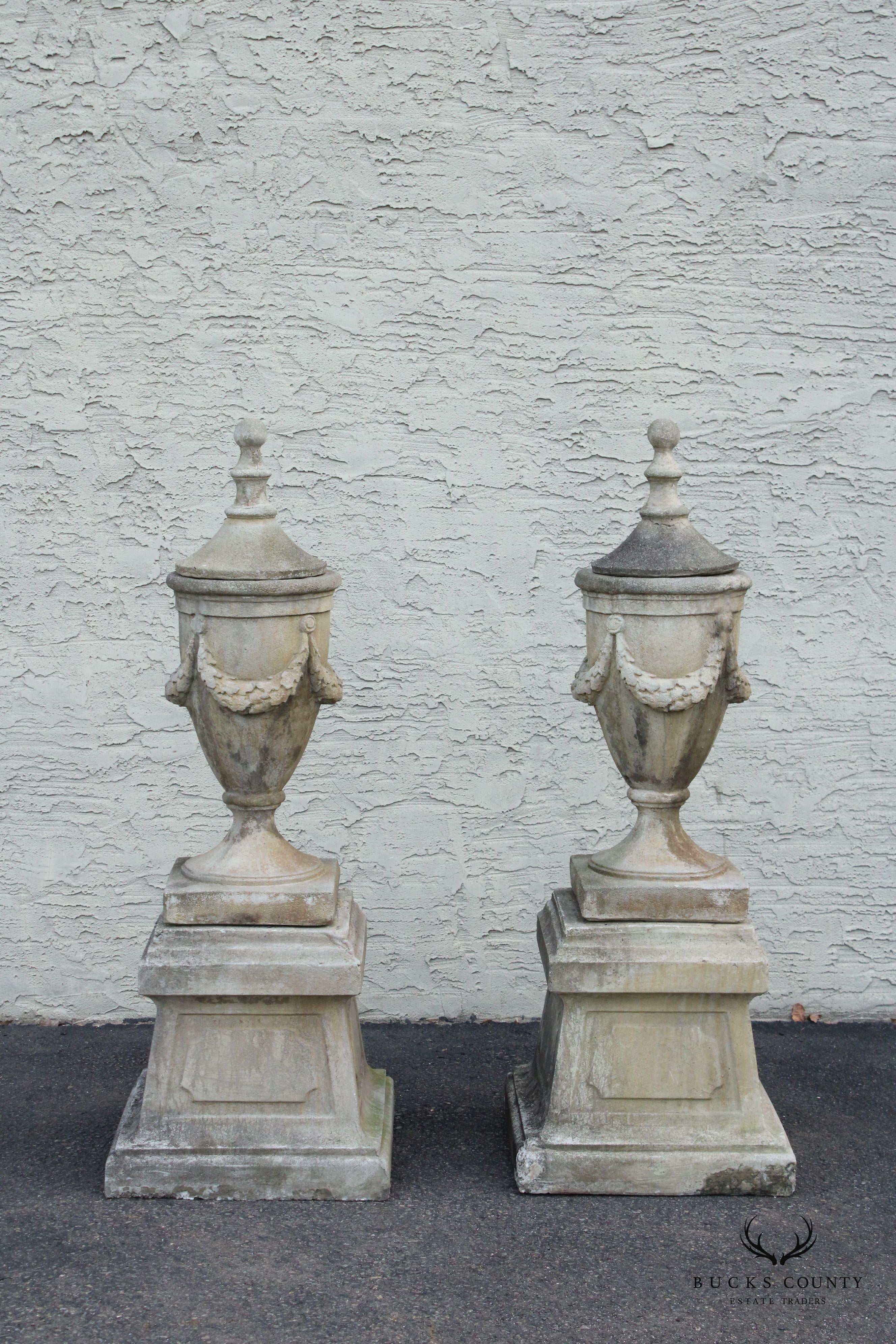 Pair Of Neoclassical Style Cast Stone Garden Urns On Pedestals