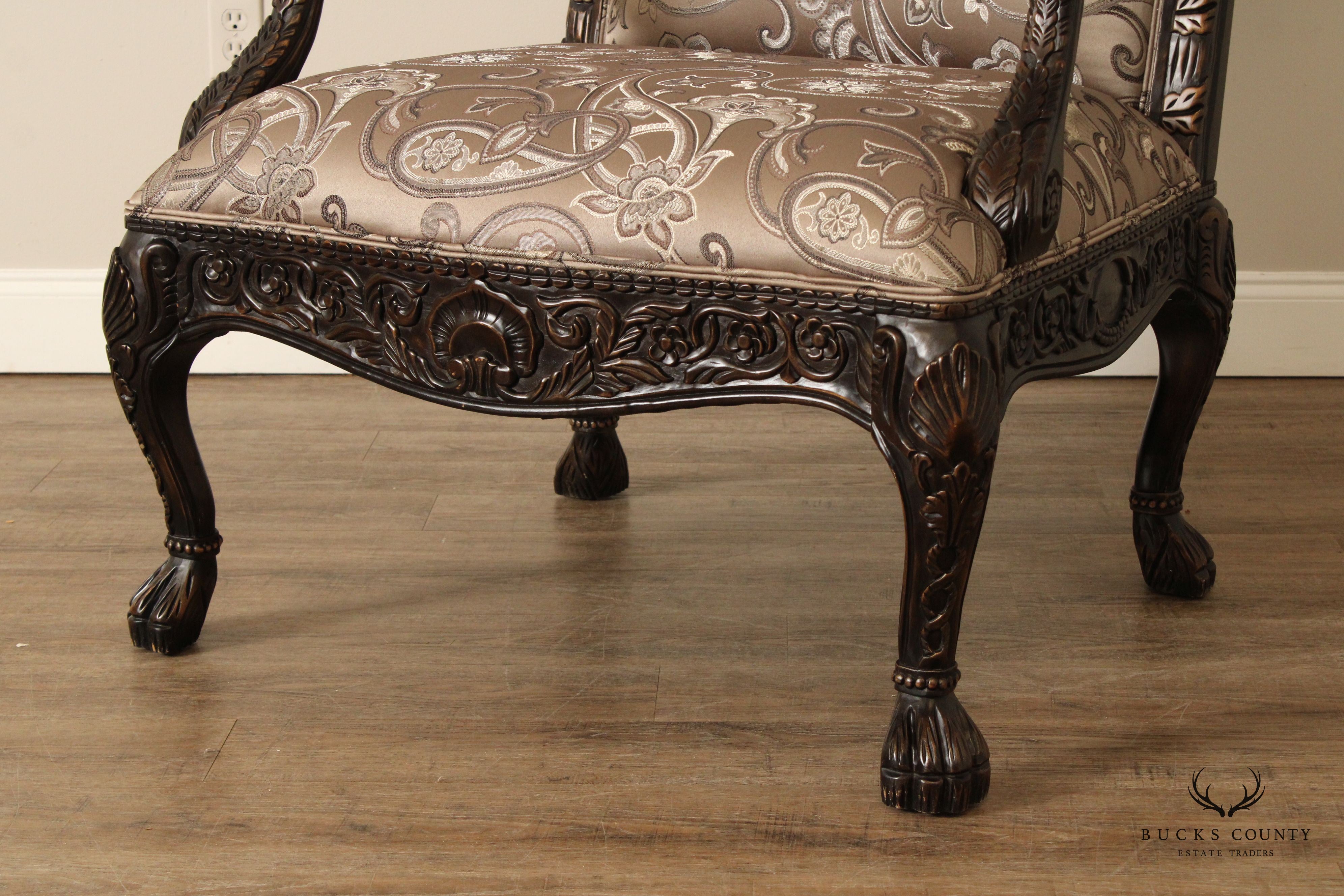 Modern Georgian Style Wide Seat Pair Of Carved Frame Custom Upholstered Armchairs With Ottoman