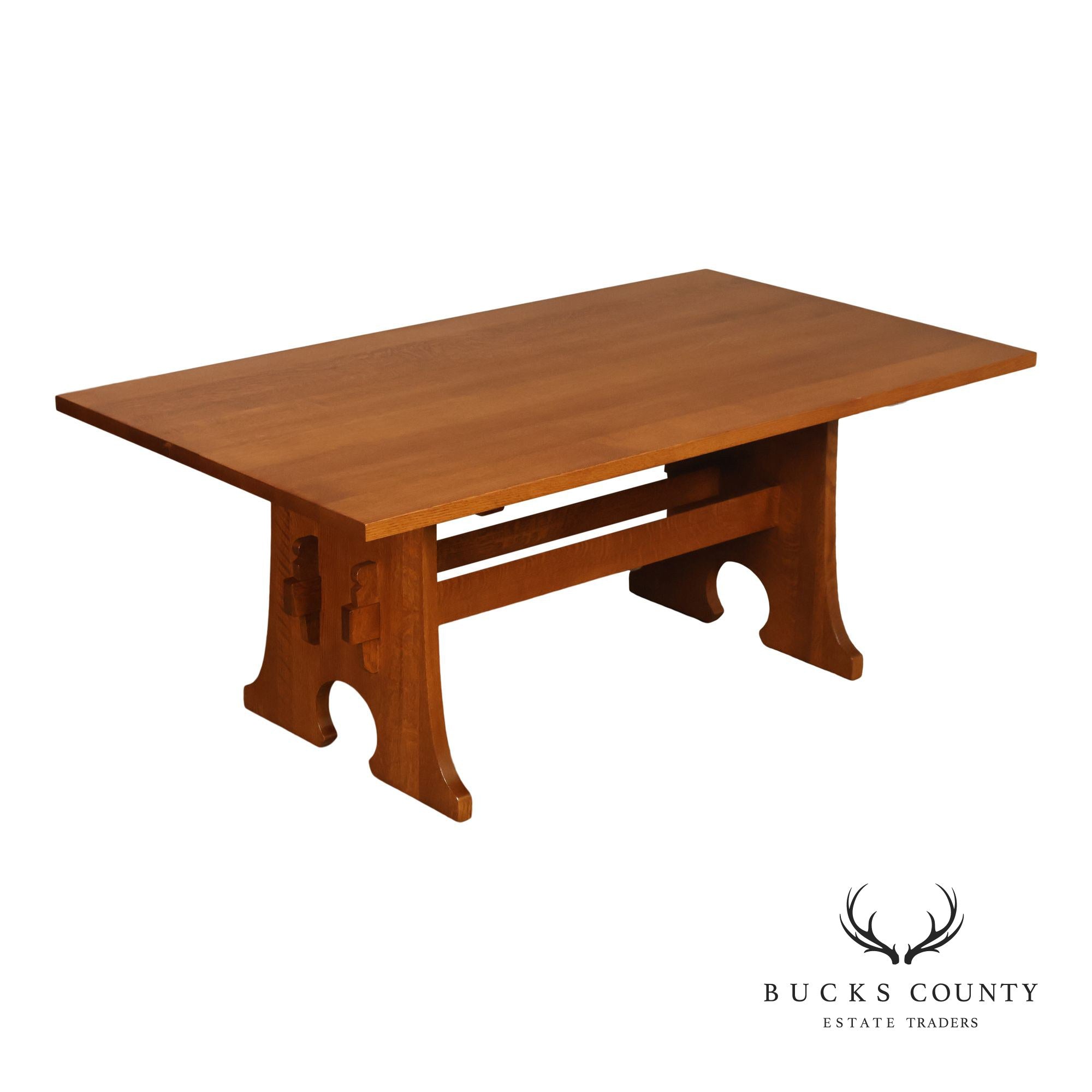 Stickley Mission Collection Oak Trestle Dining Table With Two Leaves