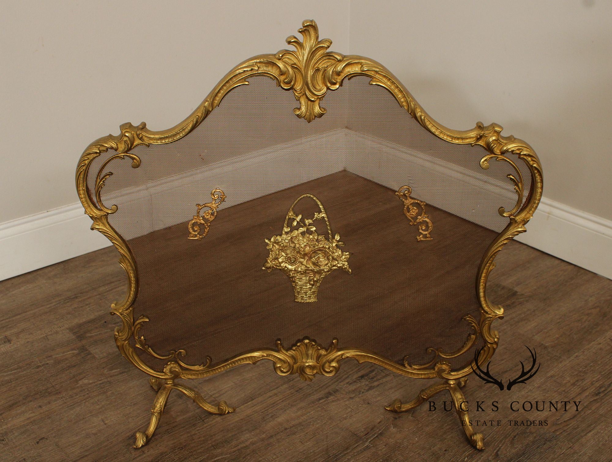 French Louis XV Style Brass Fireplace Set