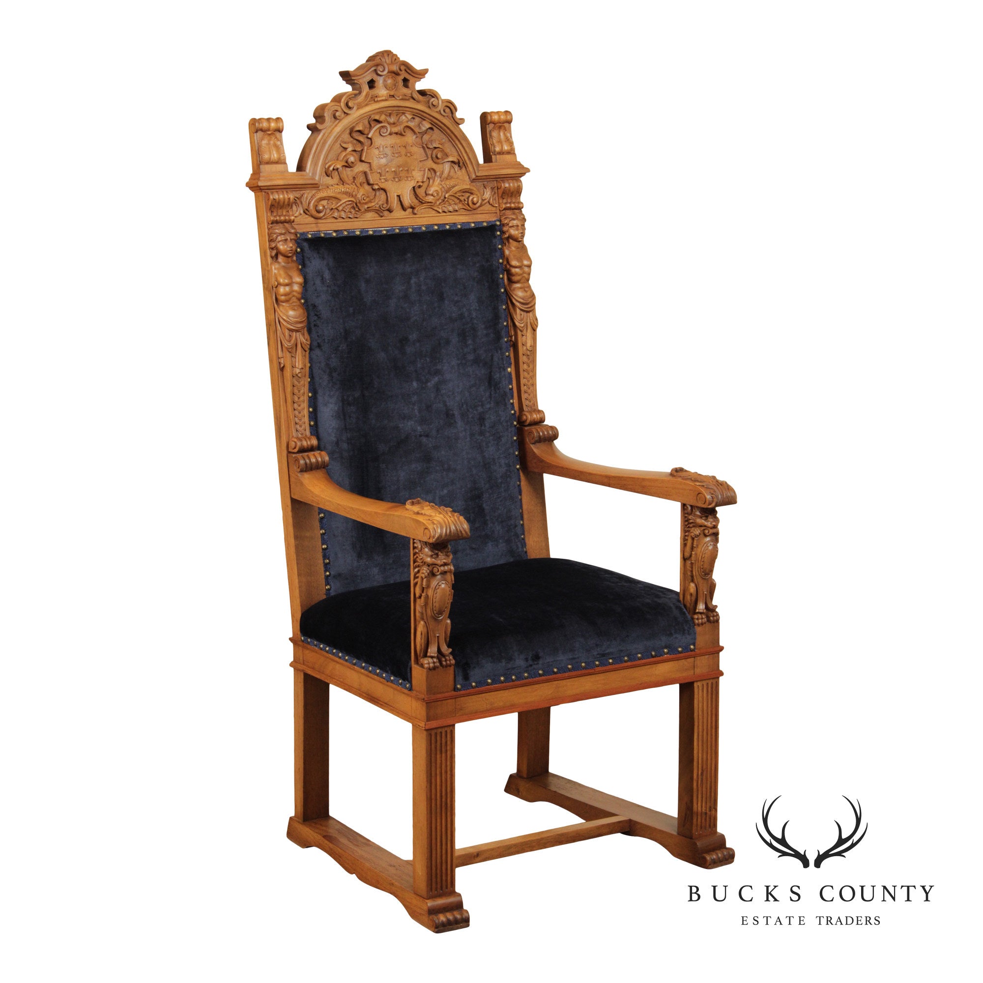 Antique Carved Walnut Renaissance Revival Style Throne Armchair
