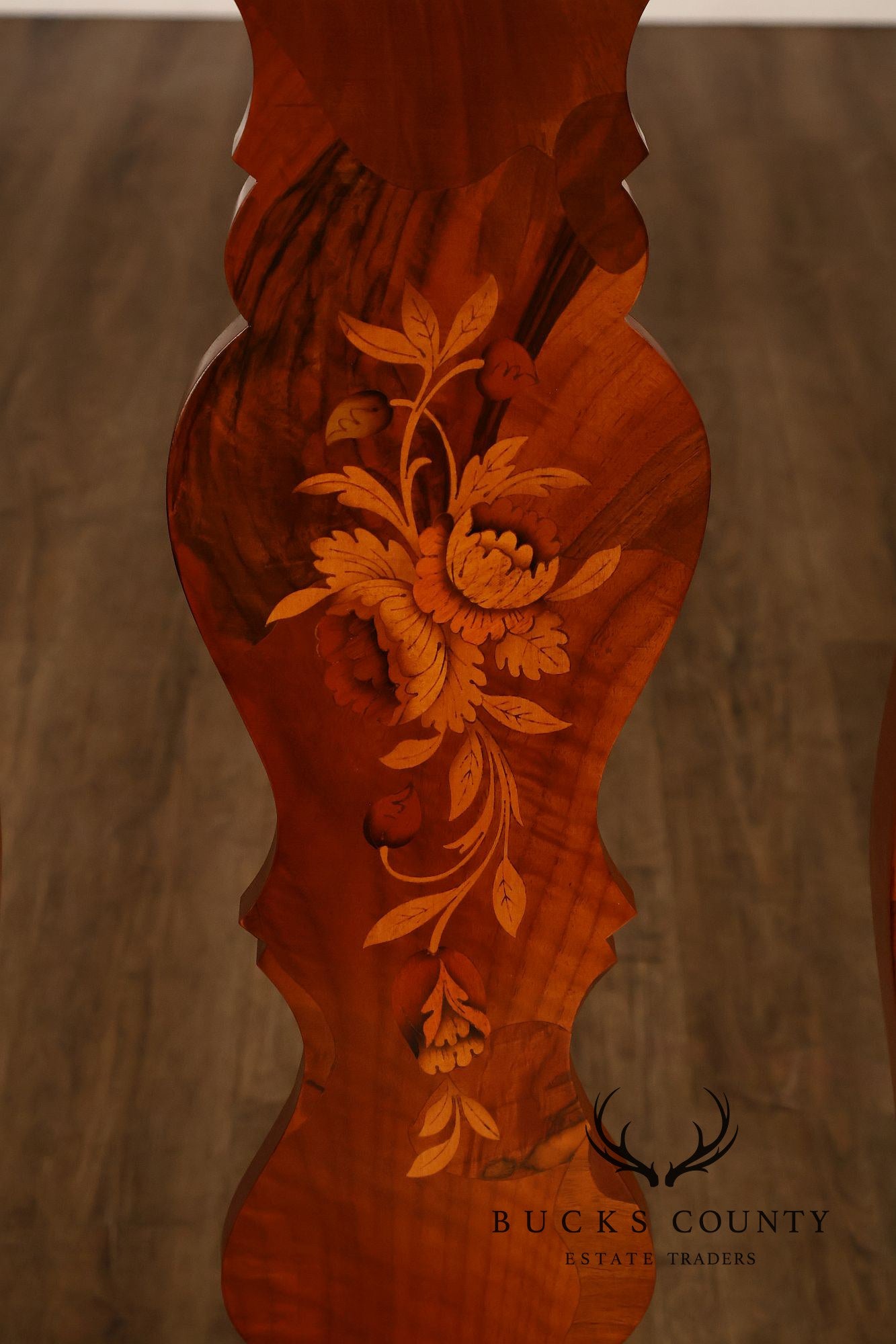 Italian Baroque Style Set of Eight Inlaid Olive Wood Dining Chairs