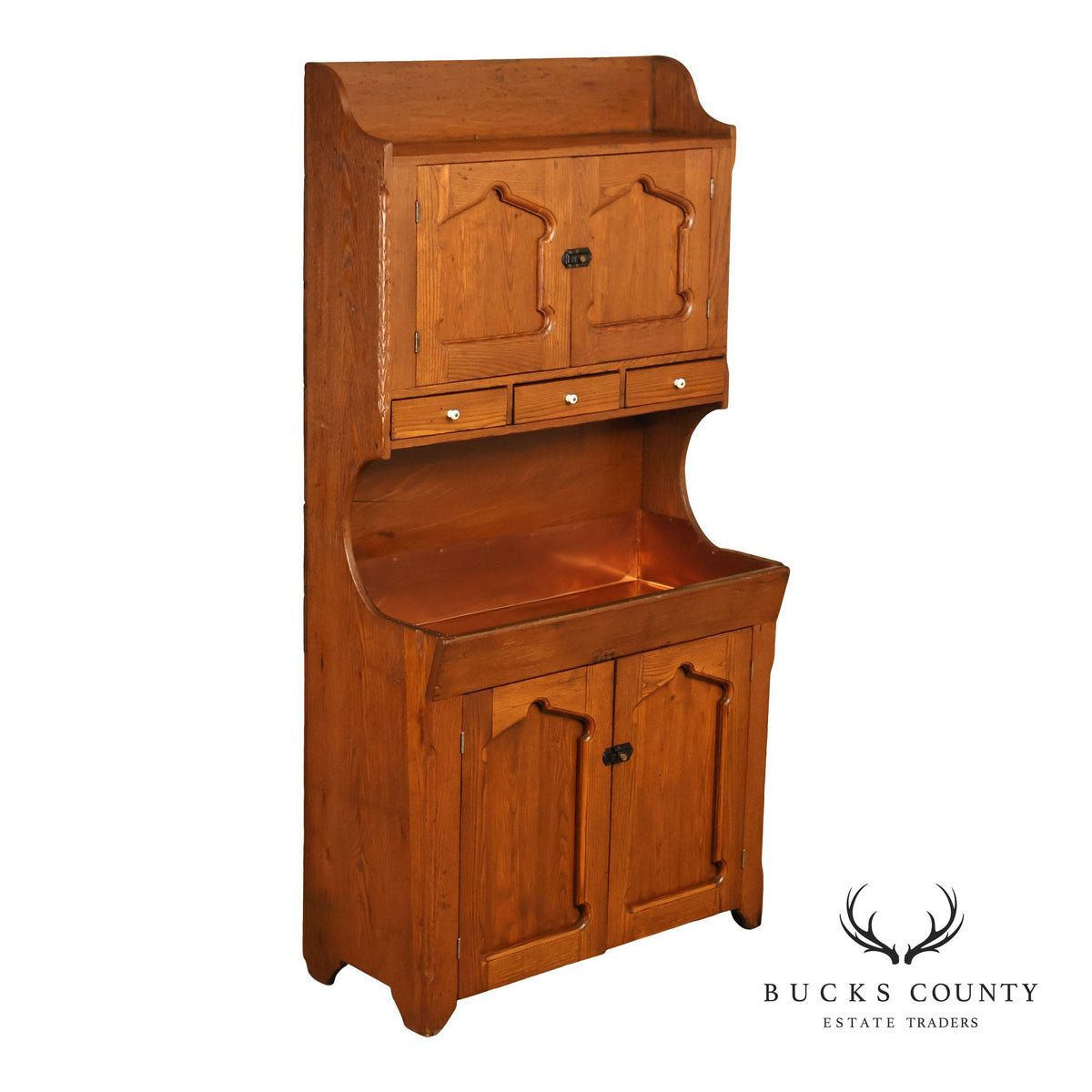 Antique Pine Dry Sink Hutch With Copper Lined Basin