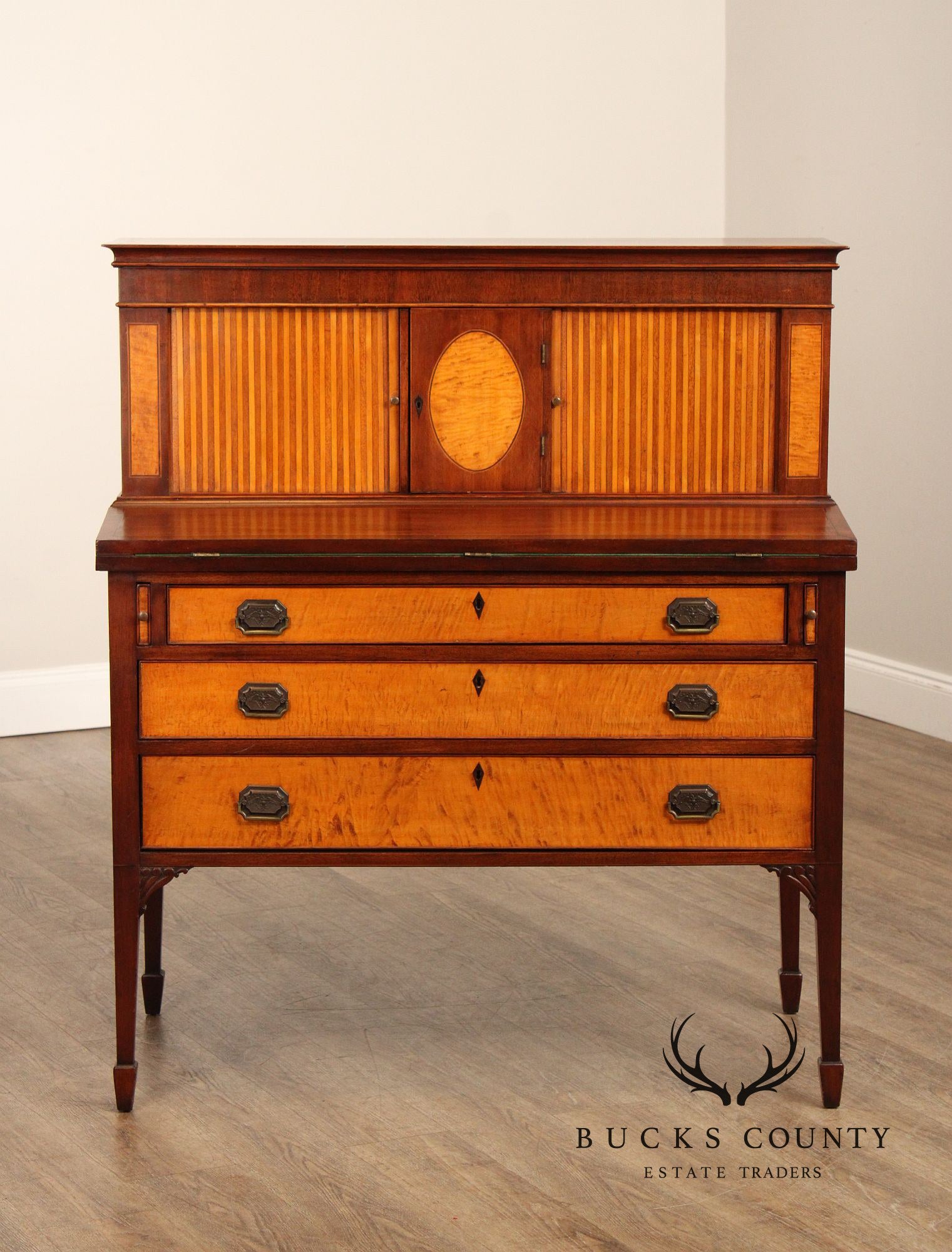 Federal Style Inlaid Mahogany And Tiger Maple Tambour Door Writing Desk