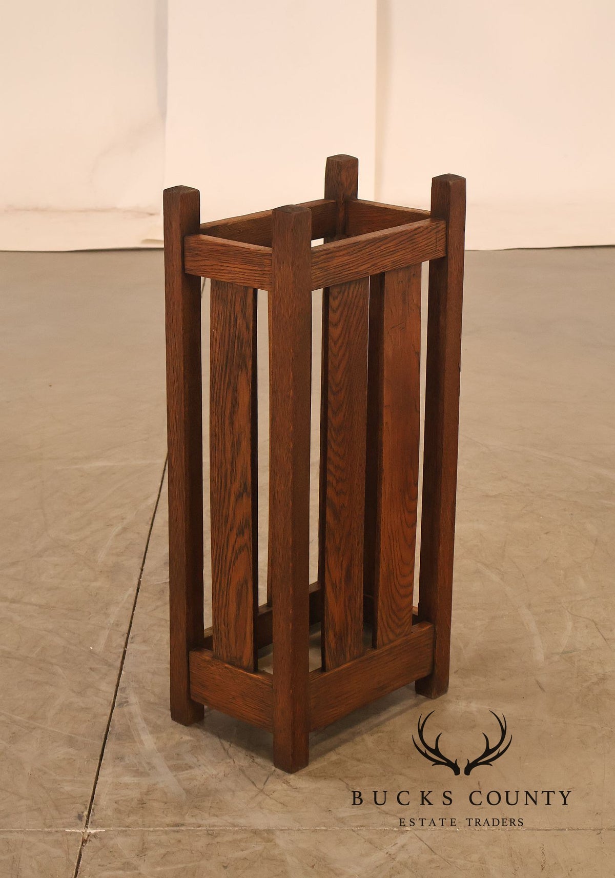 Antique Arts And Crafts Mission Oak Umbrella Stand With Drip Pan
