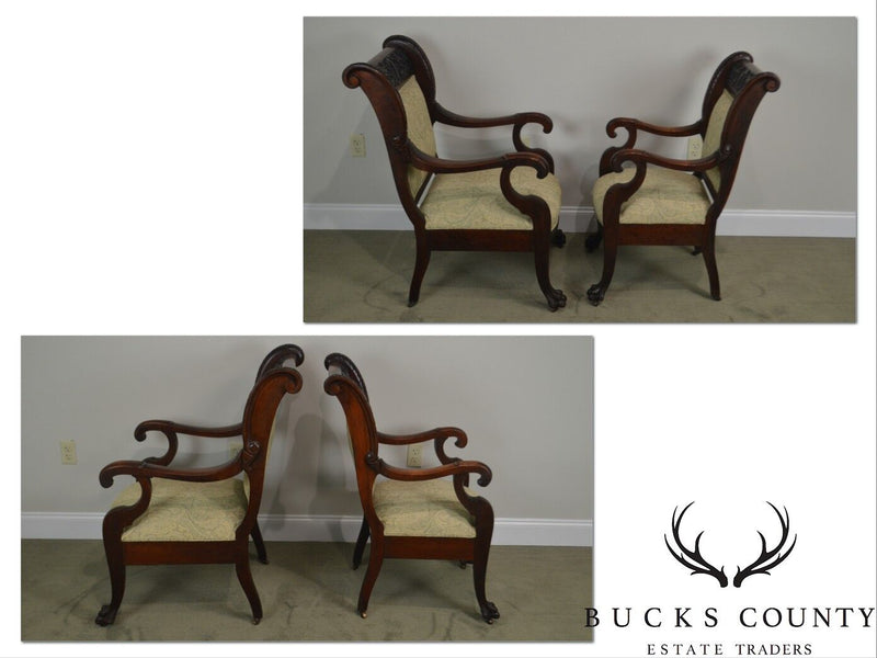 Victorian Renaissance Carved Mahogany Pair of His & Hers Arm Chairs