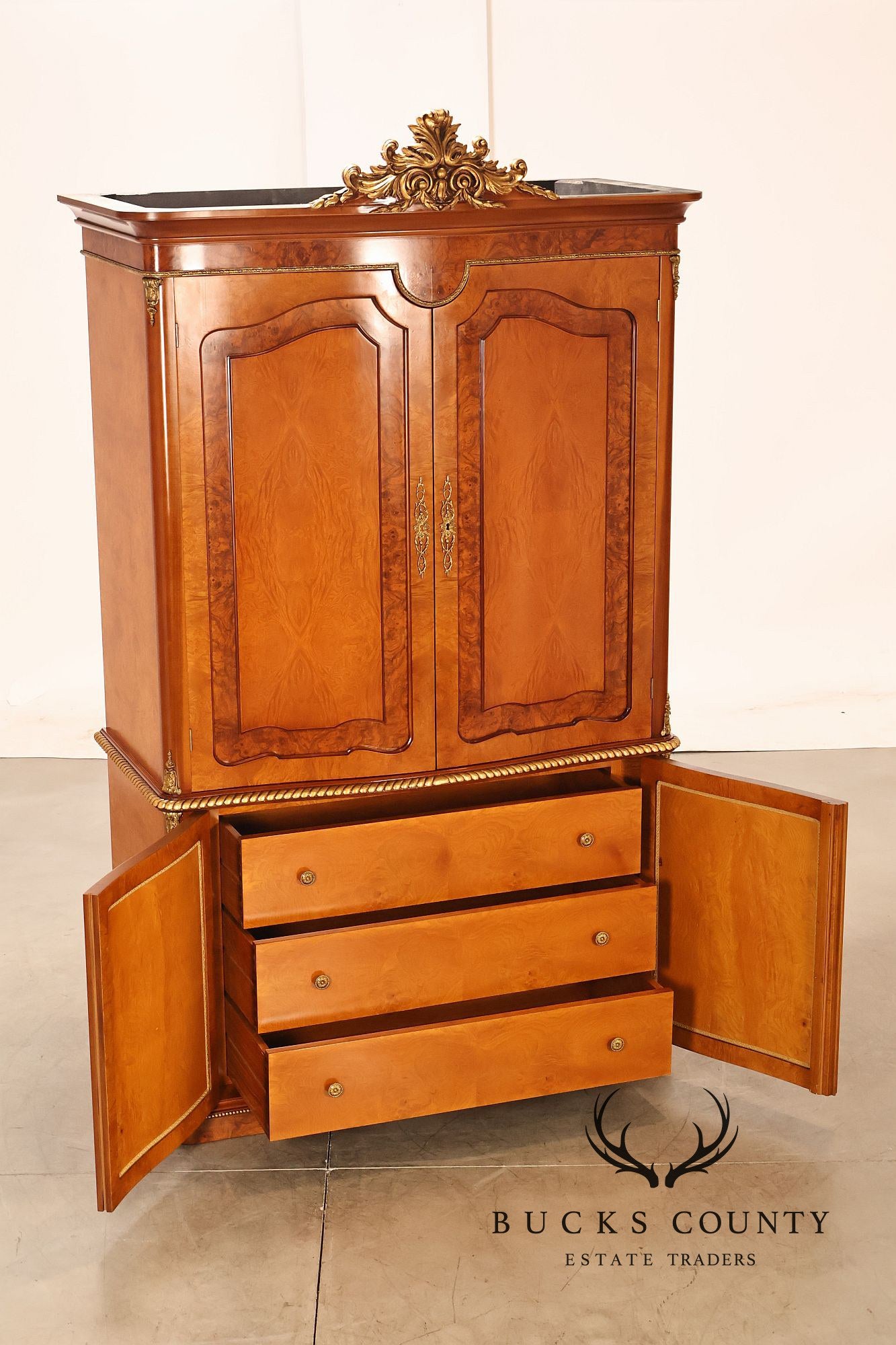 French Louis XV Style Burl Walnut Linen Closet Armoire