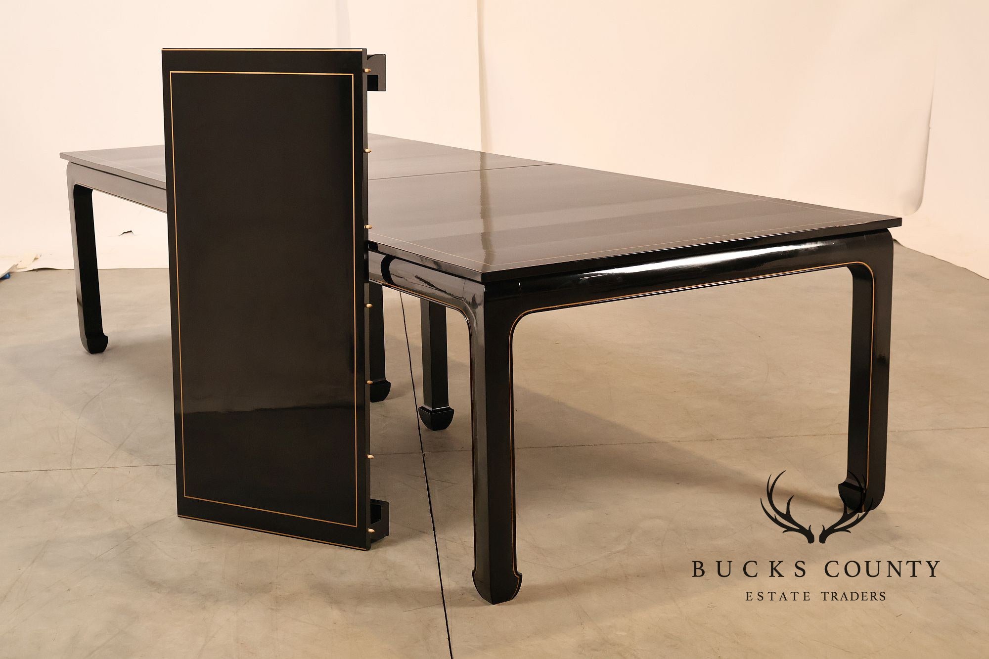 Custom Black Lacquered 12 Foot Extendable Dining Table With Gold Line Inlay