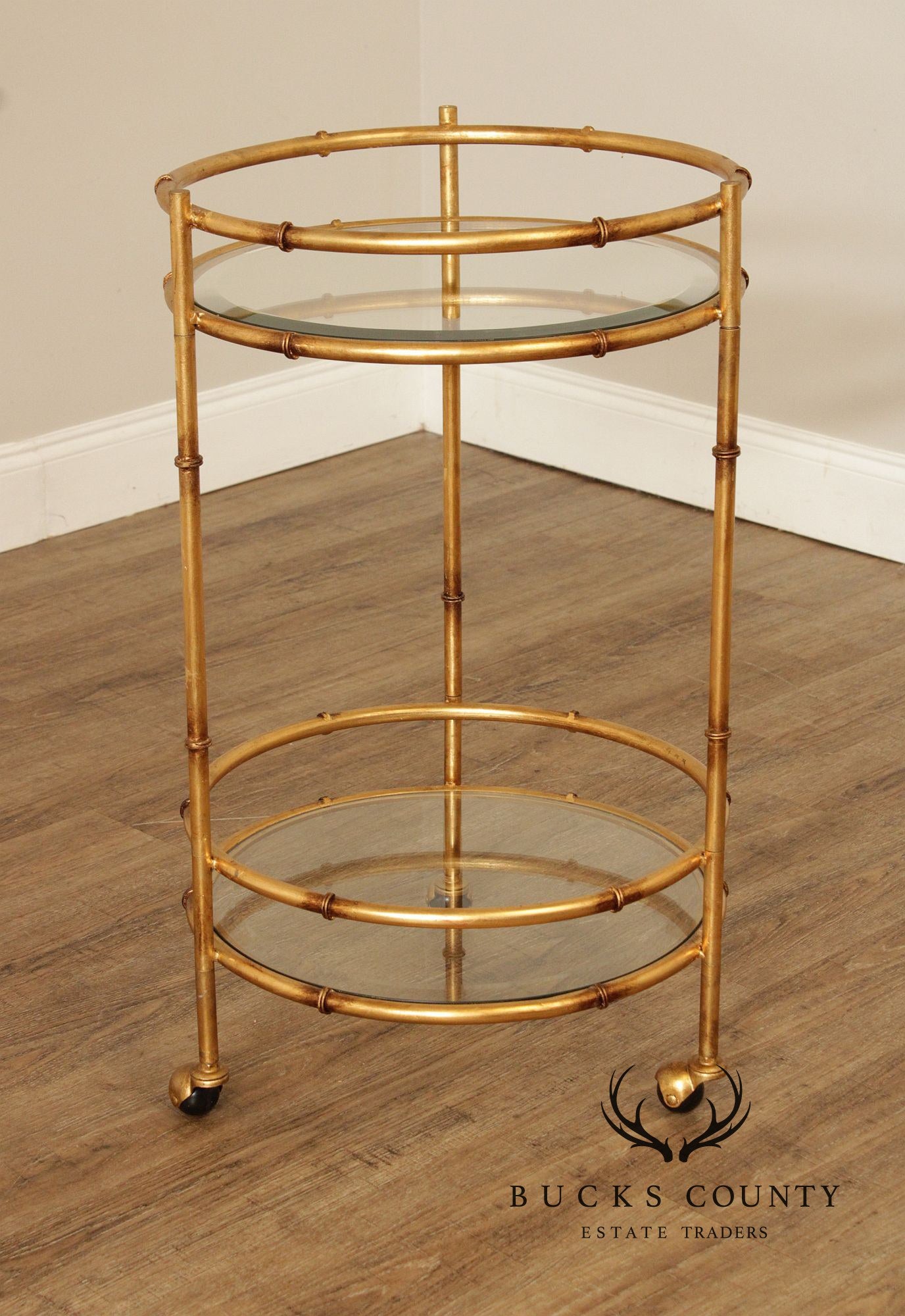 Hollywood Regency Style Gilt Metal Two-Tier Rolling Bar Cart