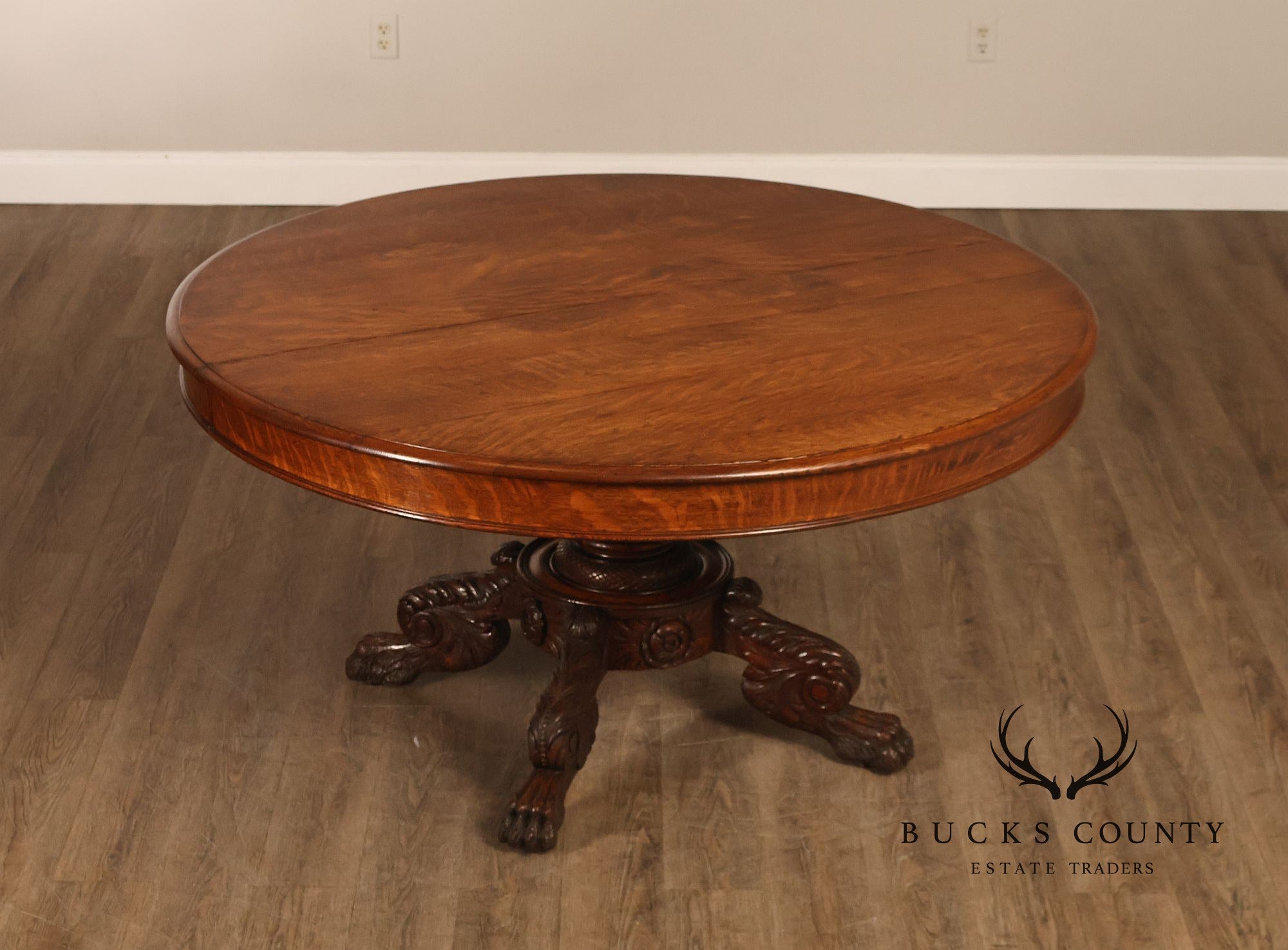 Antique 57 inch Round Oak Pedestal Dining Table With Carved Claw Feet