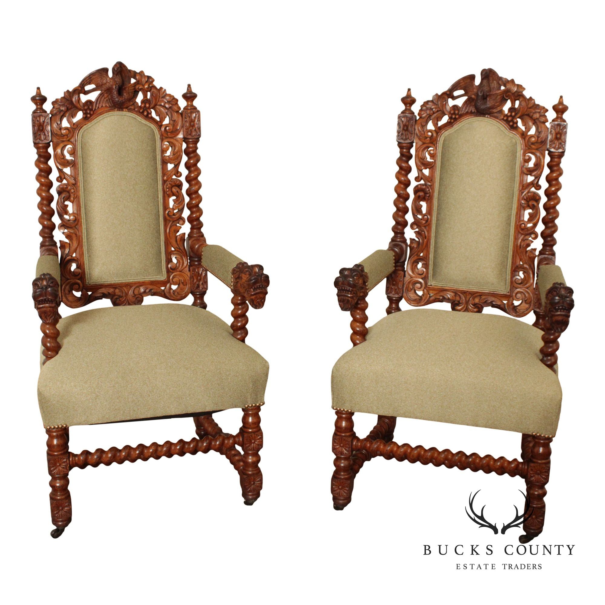 Renaissance Revival Antique Carved Oak Pair of Armchairs