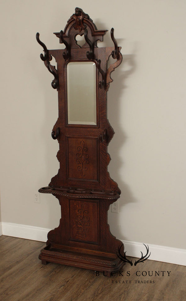 Antique Victorian Carved Oak Hall Tree With Mirror
