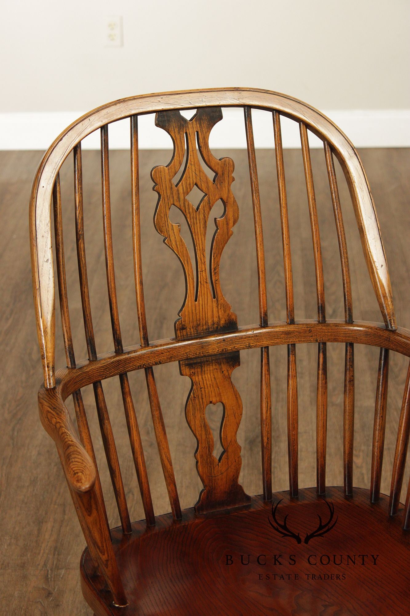Vintage Set of Four English Oak Windsor Dining Armchairs