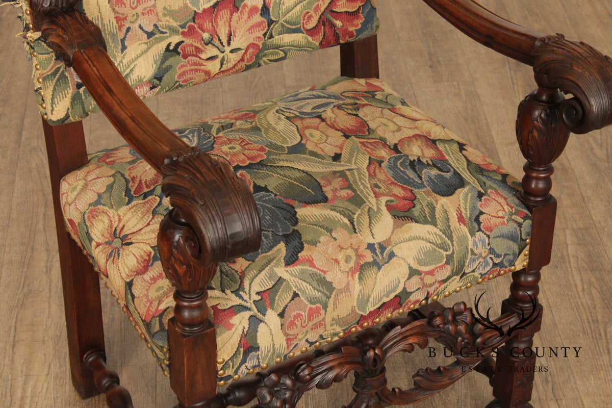 Antique French Baroque Style Carved Walnut Armchair