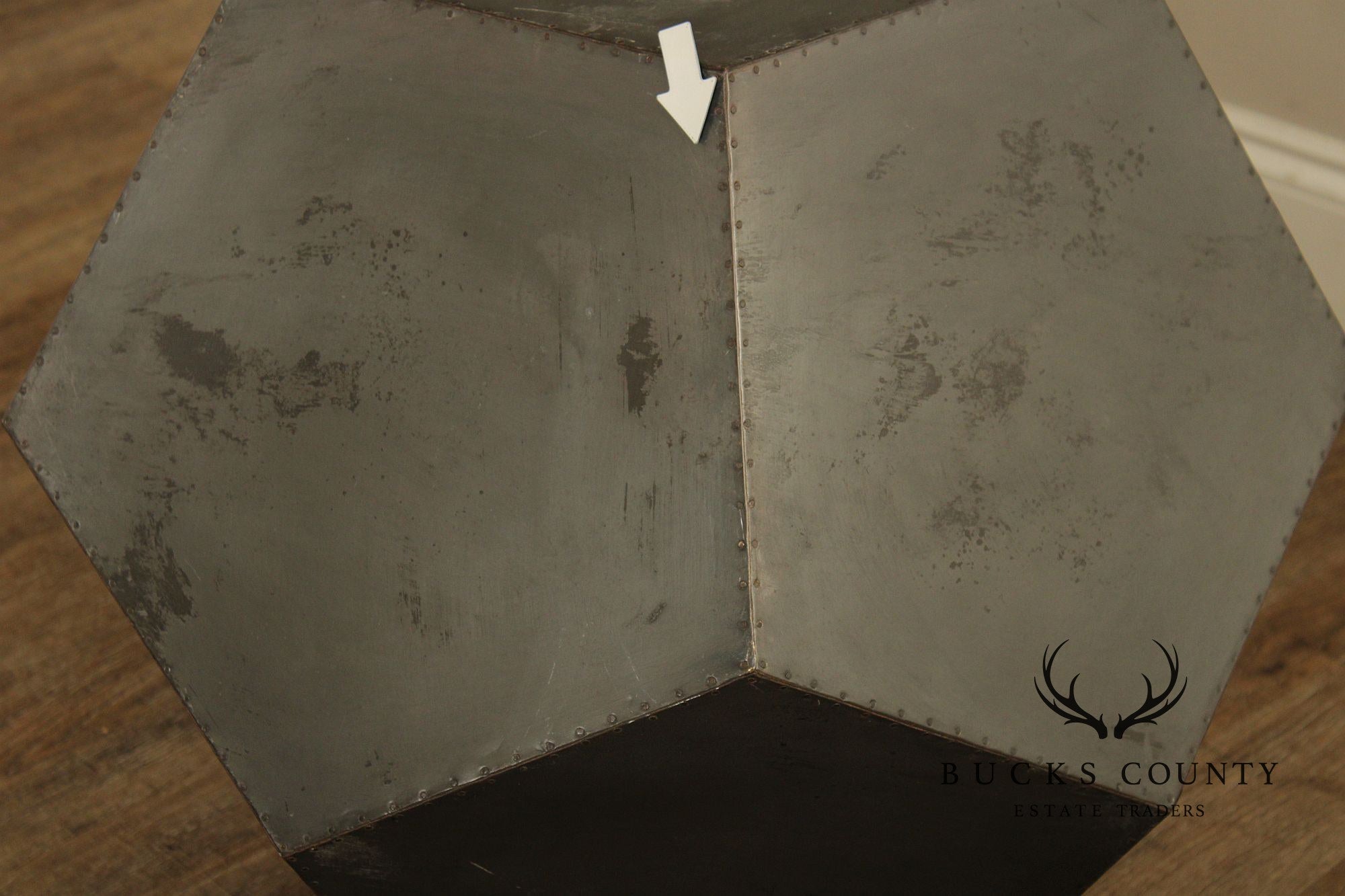 Restoration Hardware Industrial Style Zinc Polyhedron Side Tables Pair