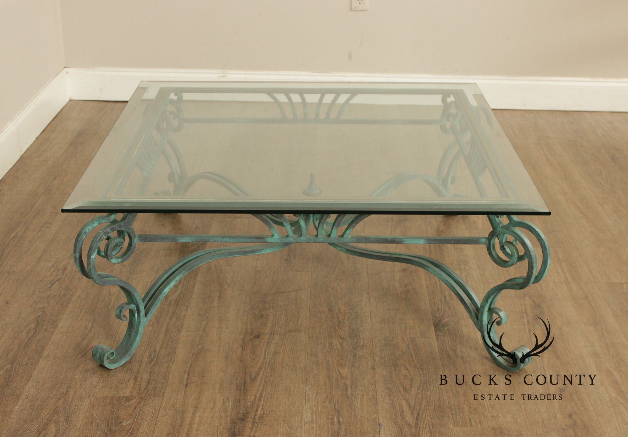 Baroque Style Glass Top Wrought Iron Coffee Table