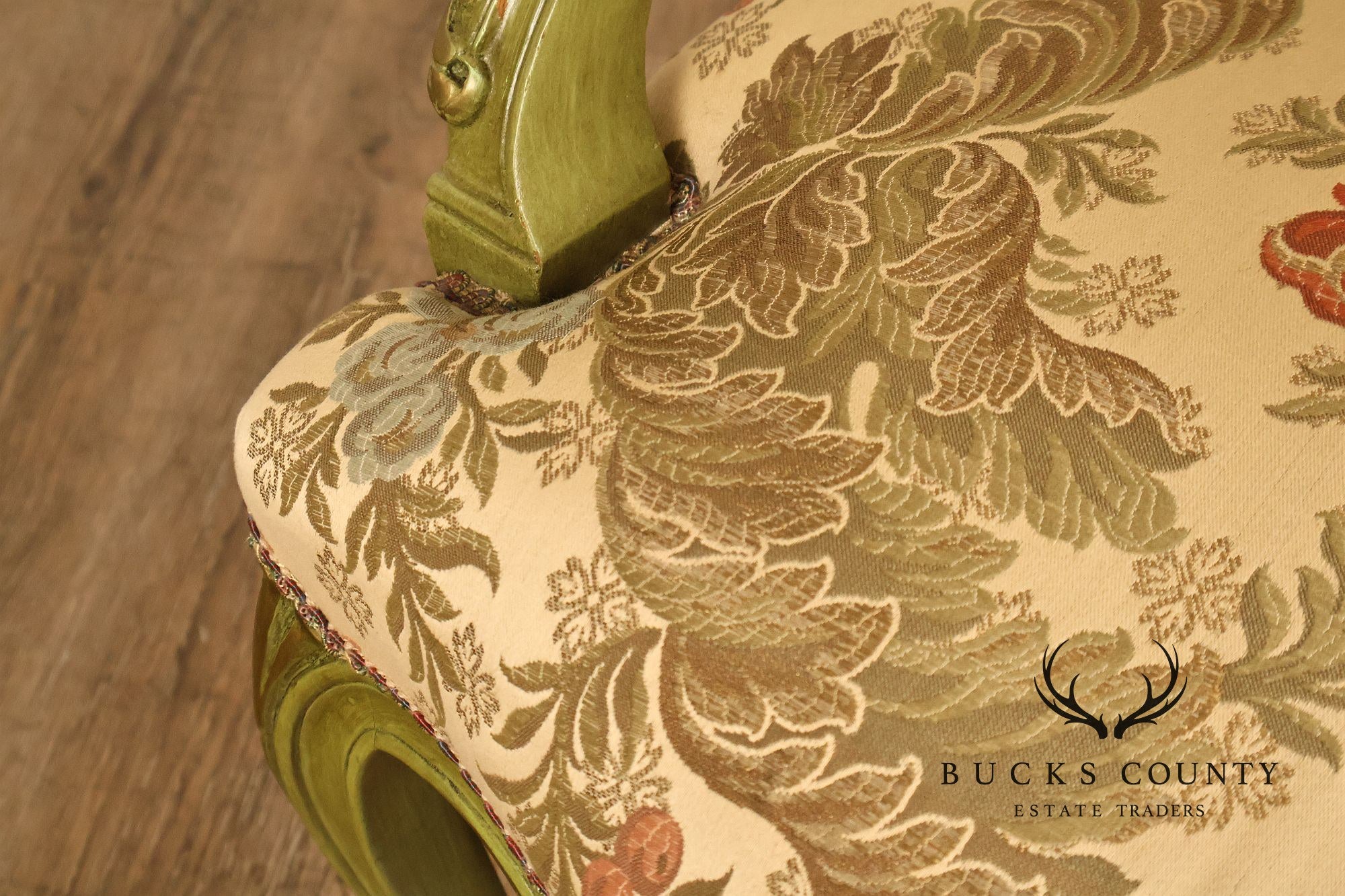 Vintage Louis XV Style Green Painted Floral Upholstered Armchair
