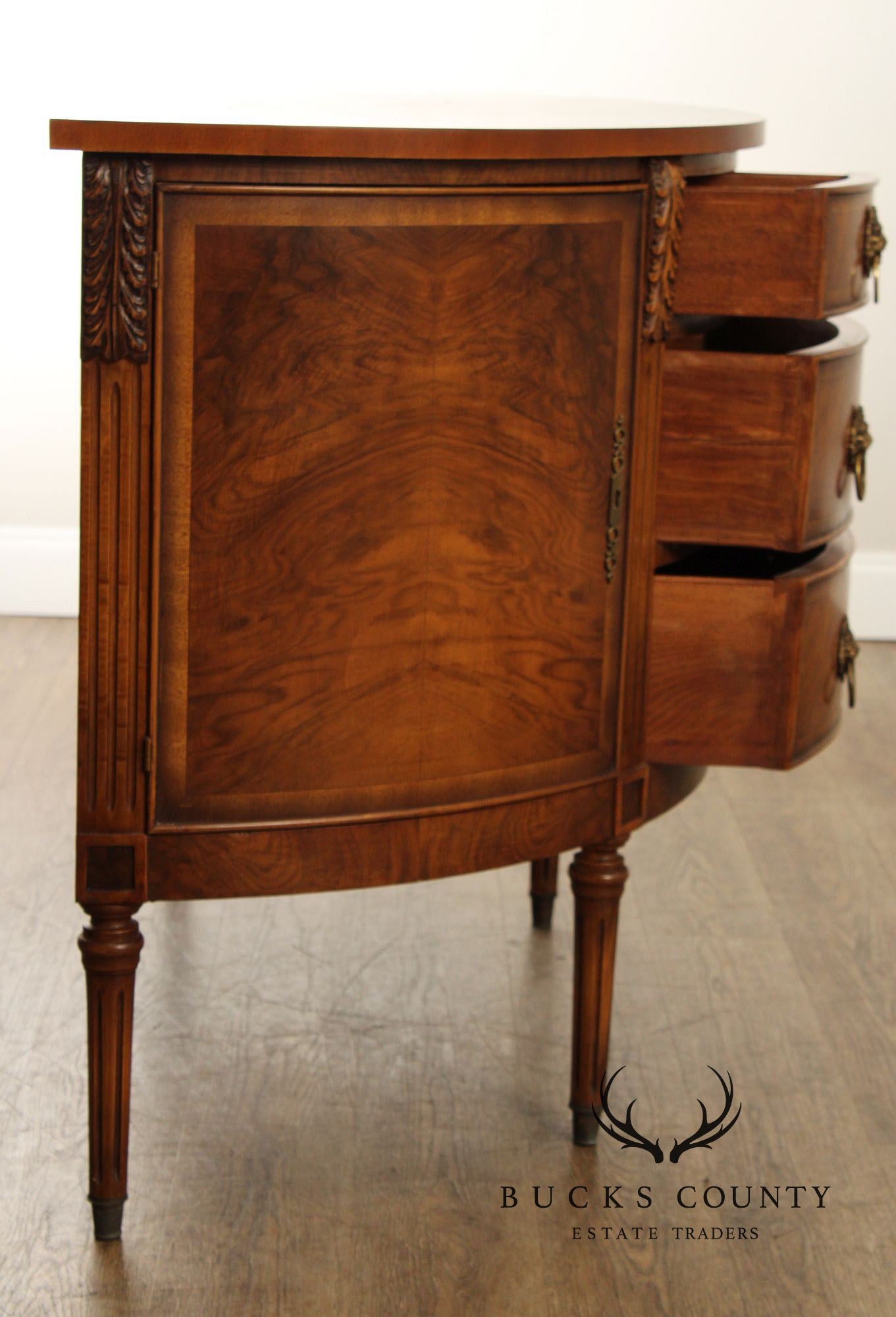 Regency Style Burl Walnut Demilune Commode