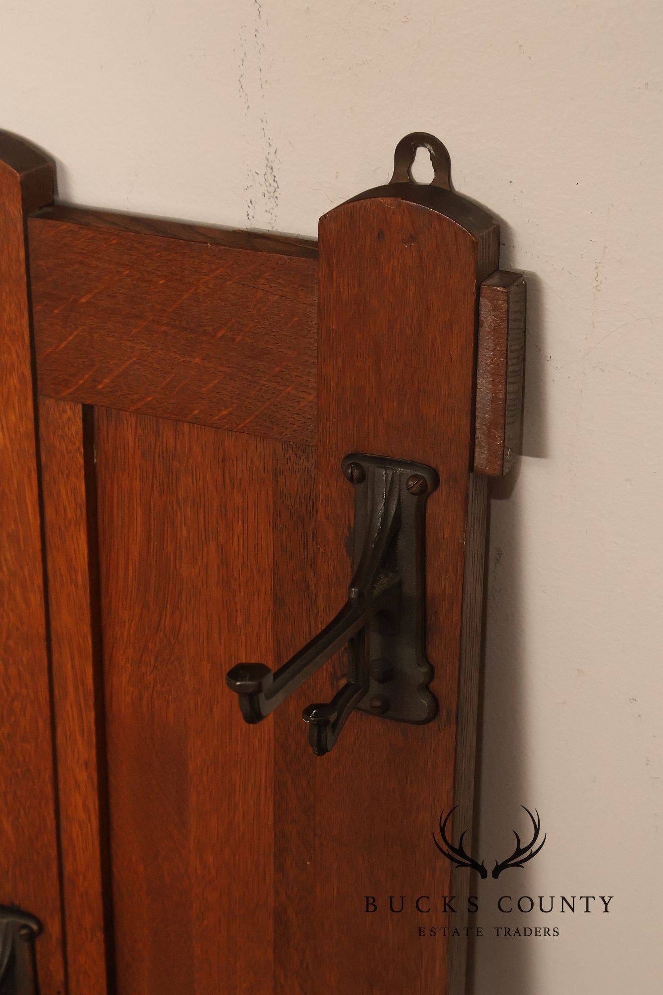Antique Arts And Crafts Mission Oak Hall Mirror With Coat Hooks