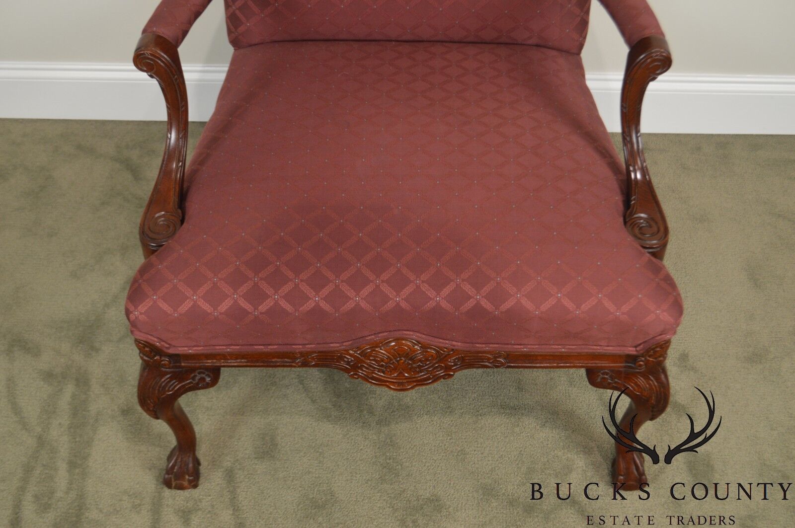 George III Chippendale Style Ball & Claw Foot Library Arm Chair by Century