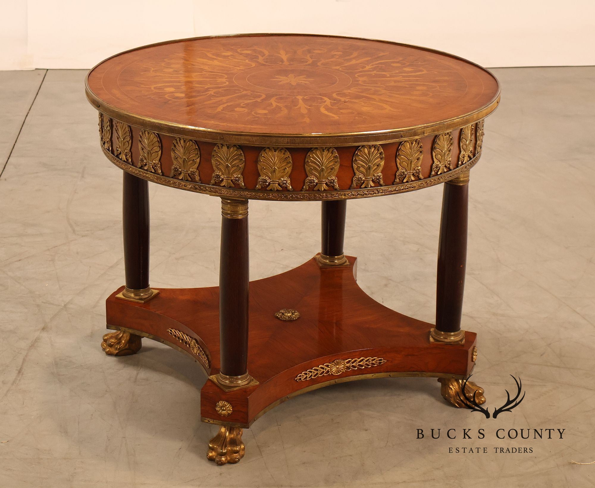 Empire Style Ormolu Mounted Round Marquetry Inlaid Cocktail Table