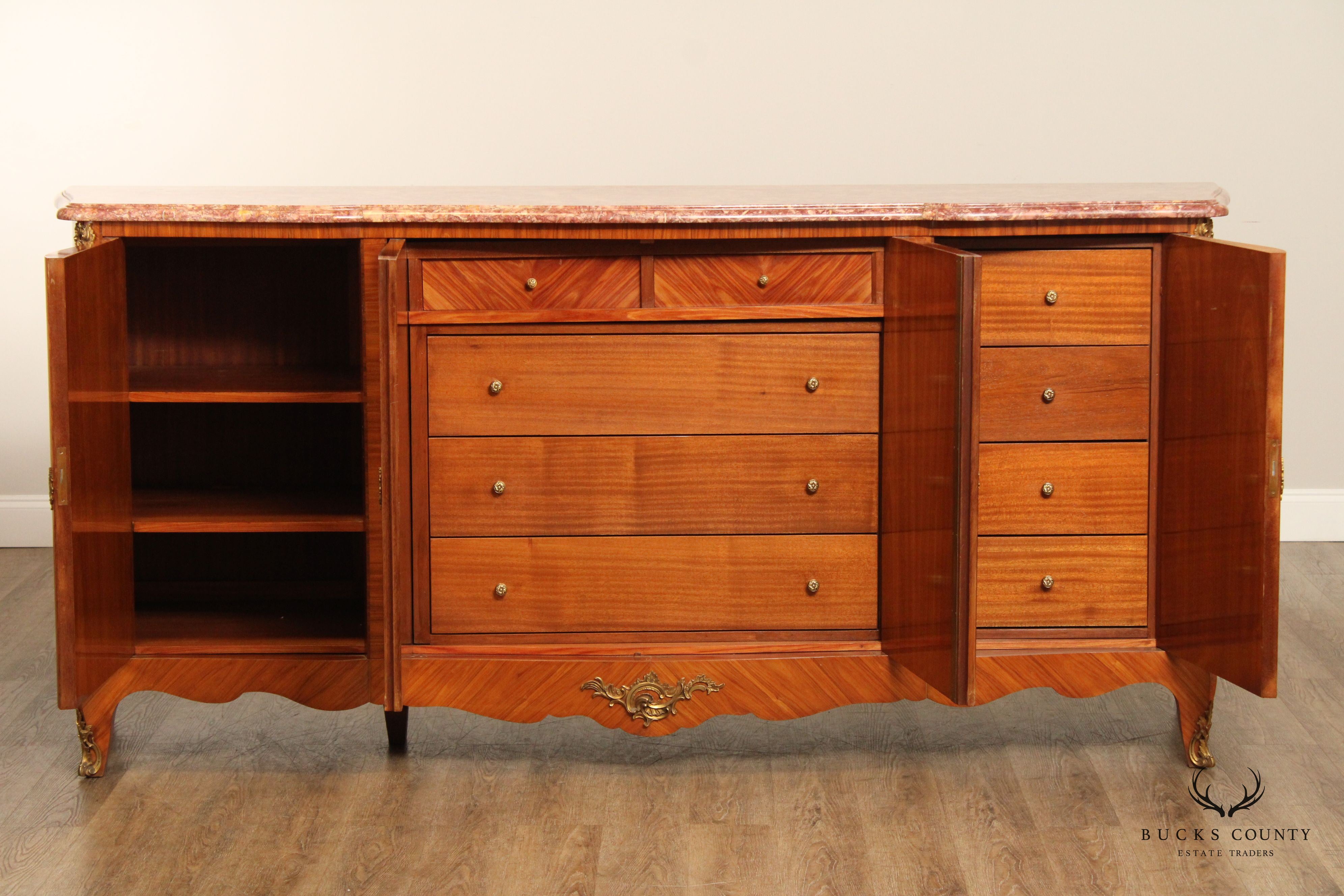 French Louis XV Style Antique Marble Top Marquetry Inlaid Long Sideboard