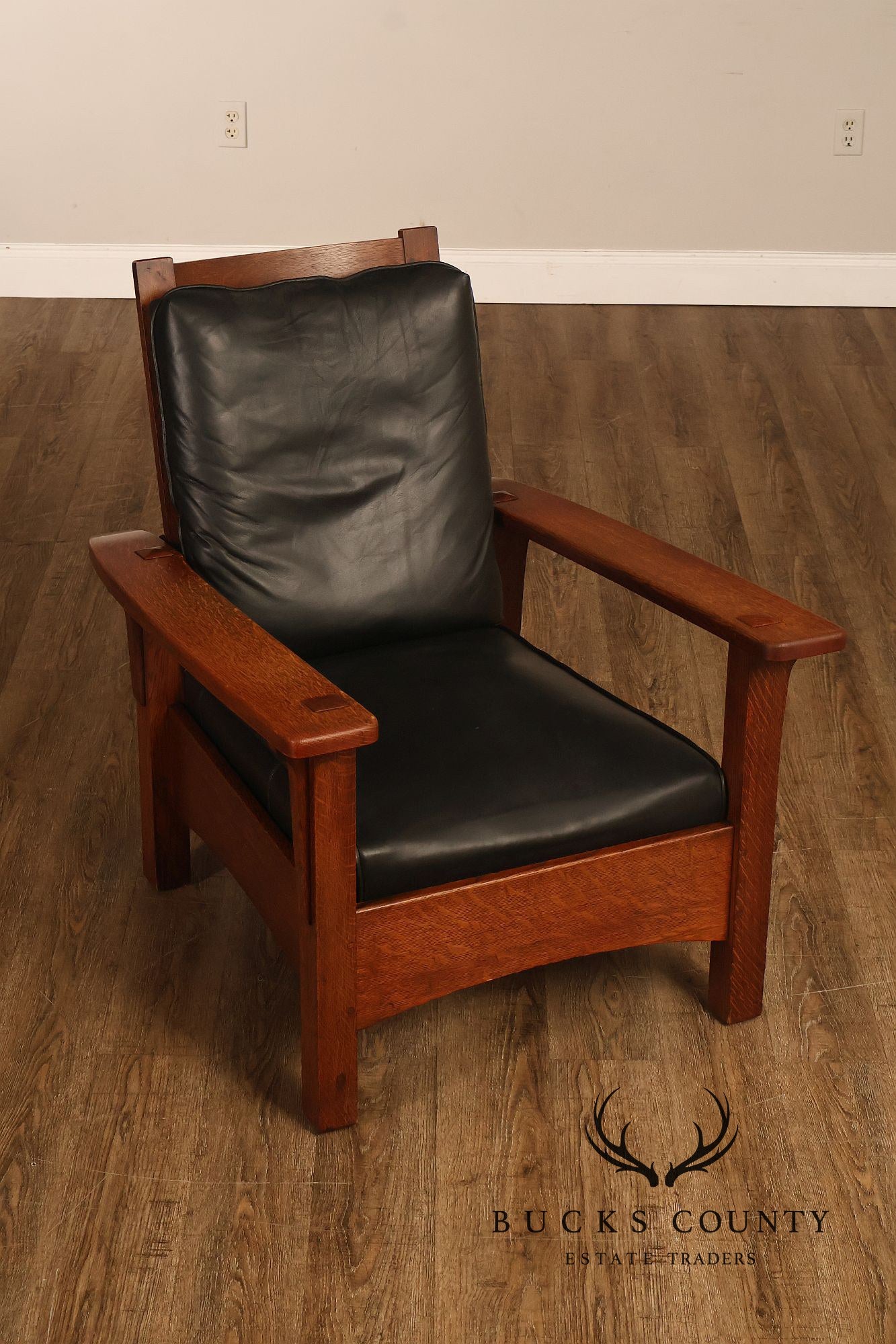 Antique Limbert Arts And Crafts Oak Morris Chair With Leather Cushions