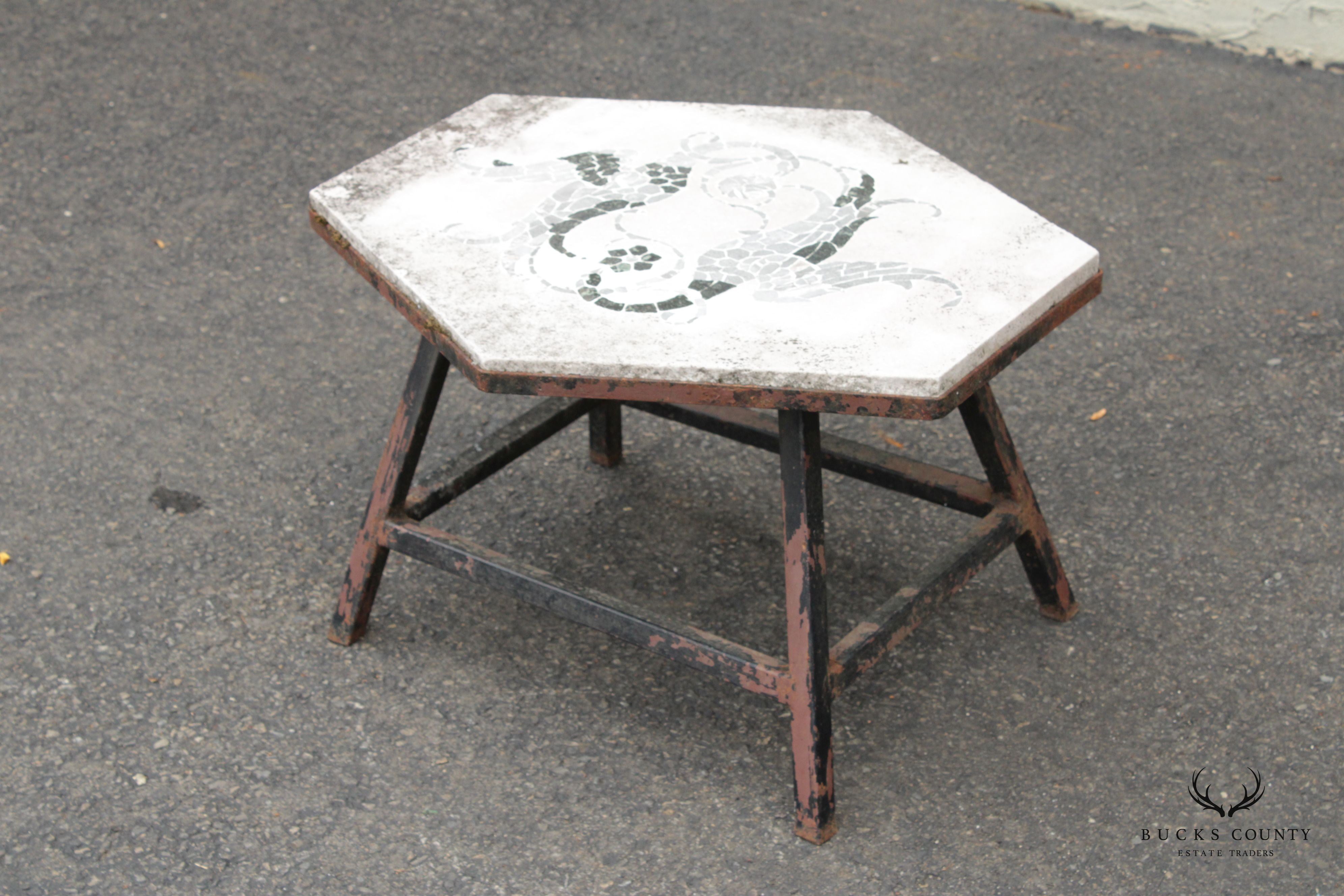 Vintage Iron and Mosaic Stone Outdoor Garden Side Table