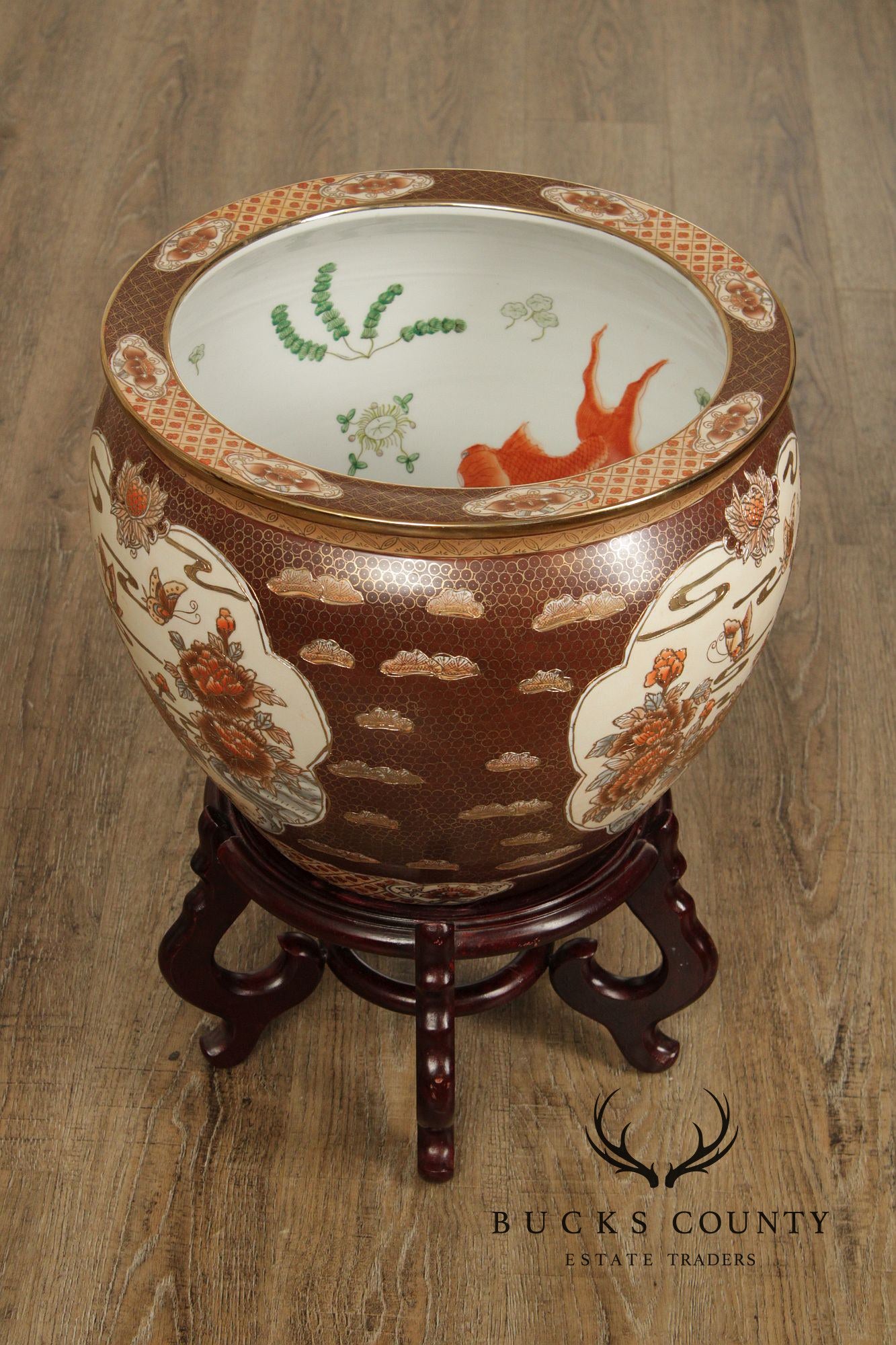 Vintage Chinese Porcelain Fishbowl Planter on Stand